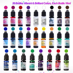 26-color LET'S RESIN alcohol ink bottles arranged for versatile resin crafting.