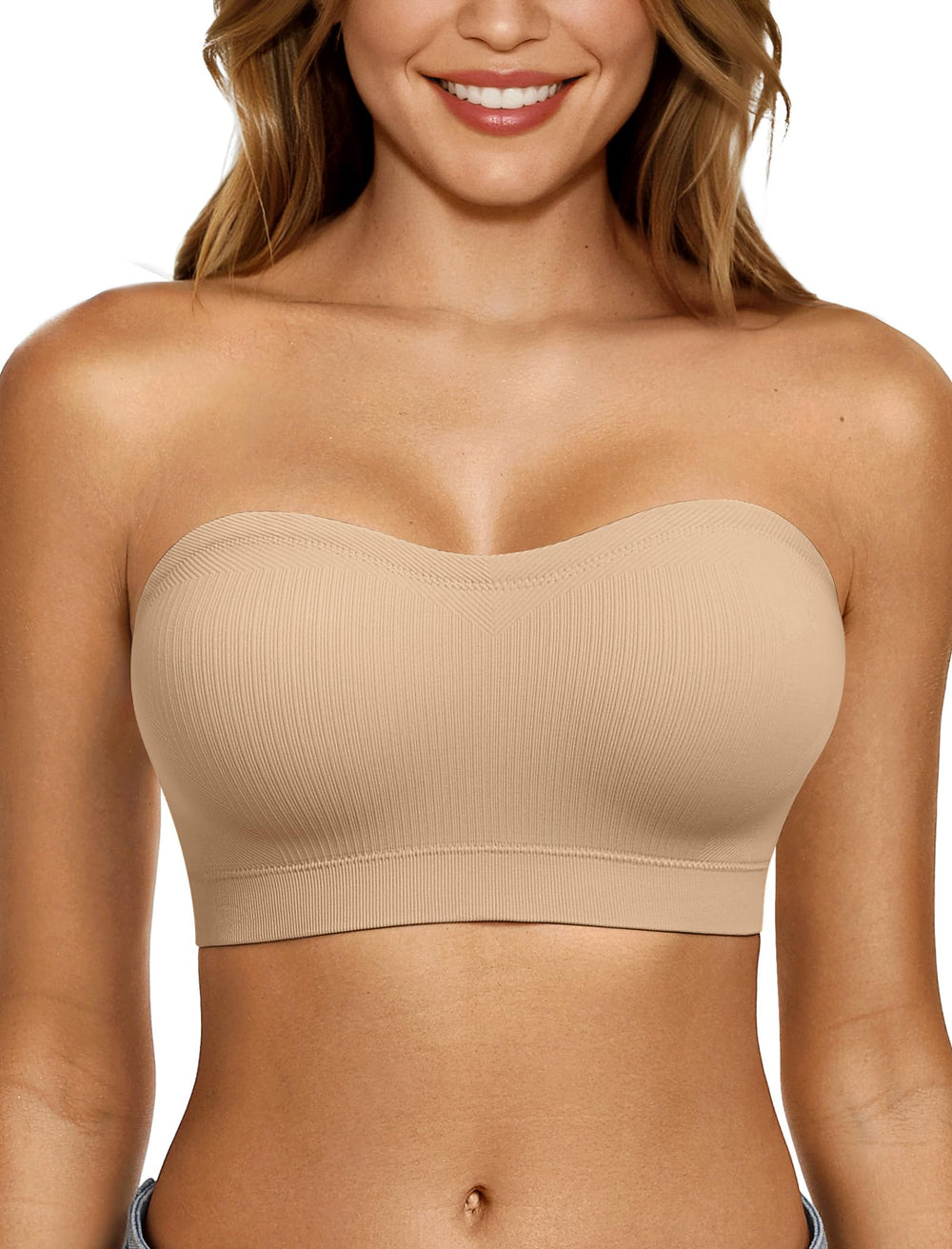 LetsJoli push-up strapless bra nude worn on model for seamless silhouette