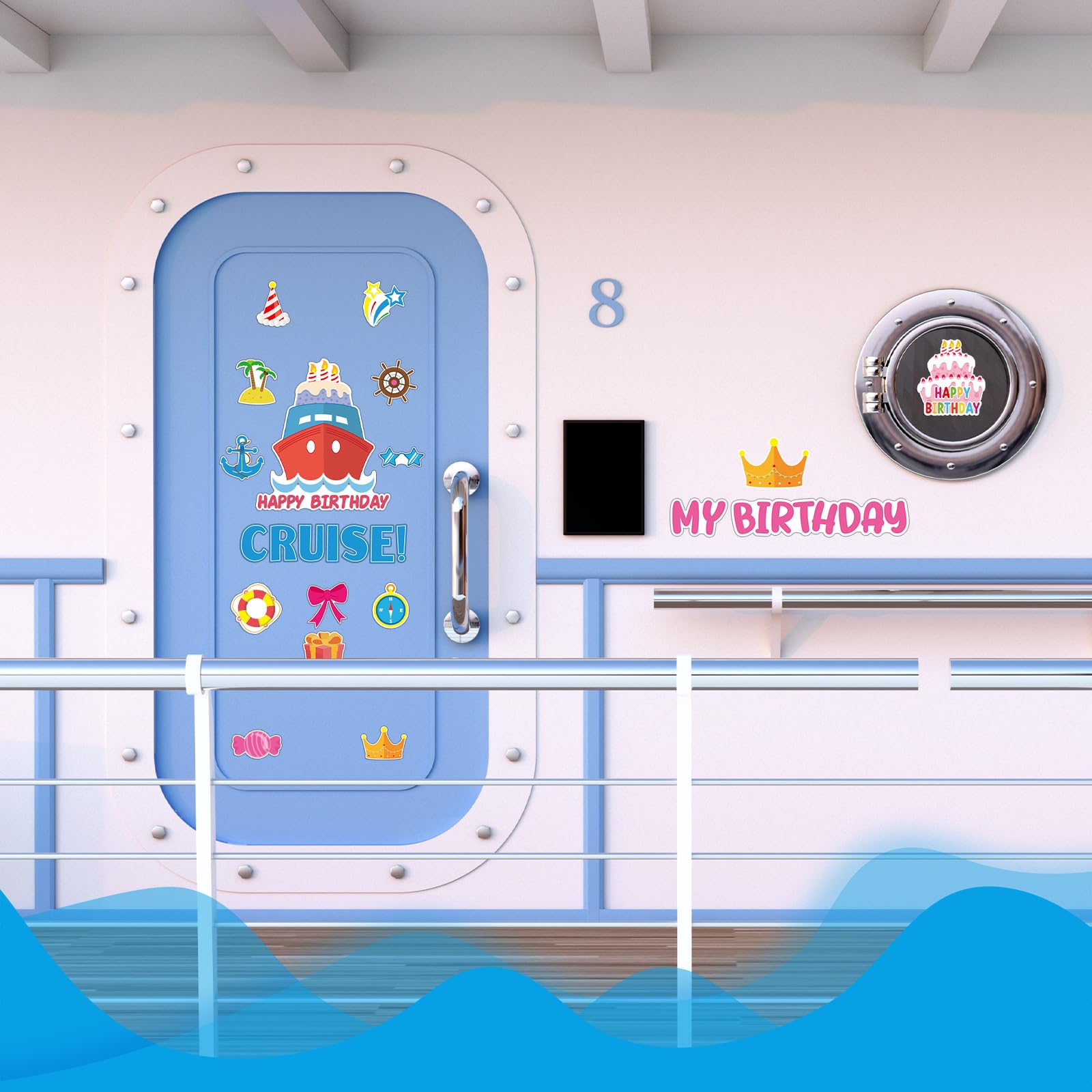 Leumoi ship and anchor magnets highlight nautical themes for birthday celebrations on a cruise.