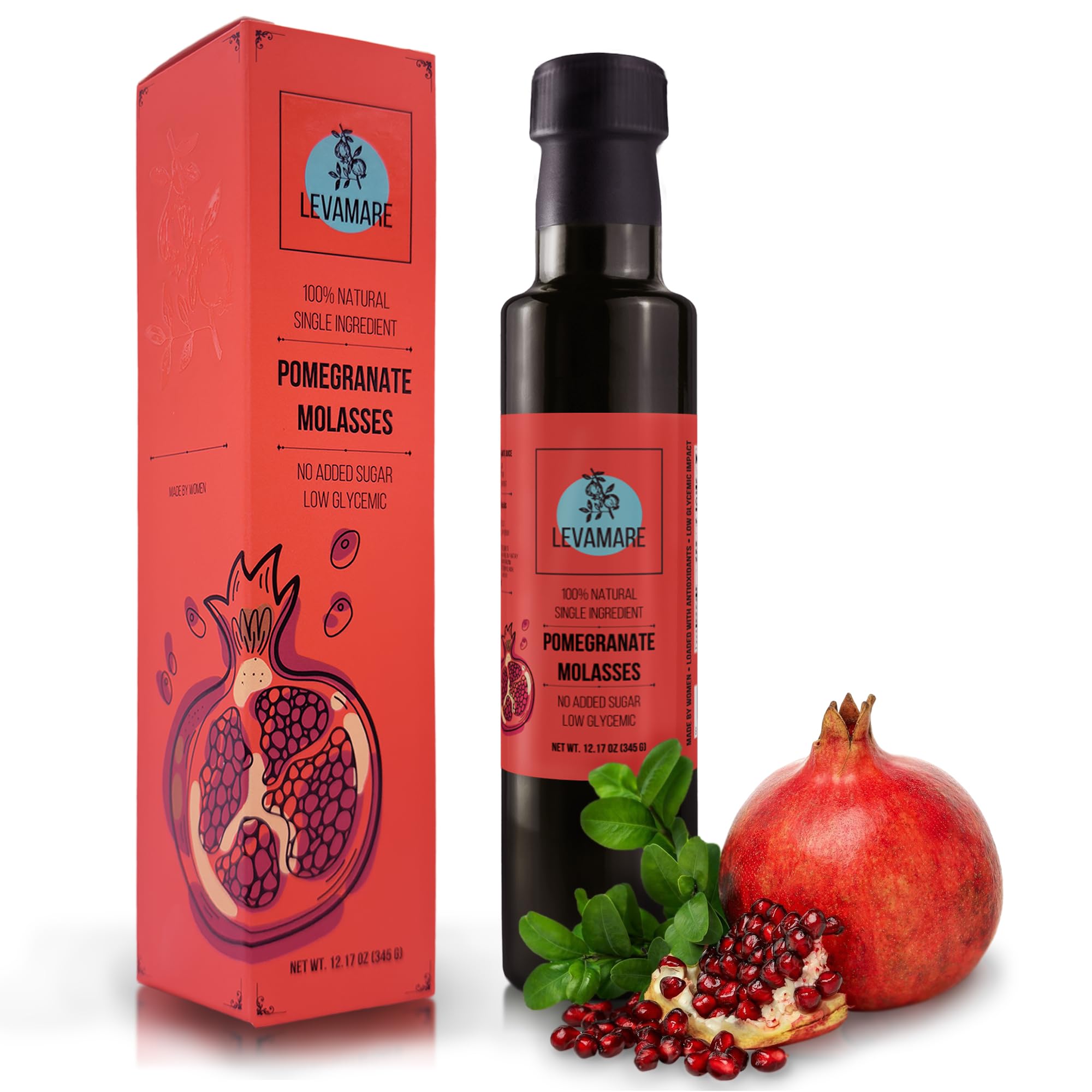 Levamare Pomegranate Molasses bottle 12 oz for natural sweetness in Mediterranean dishes
