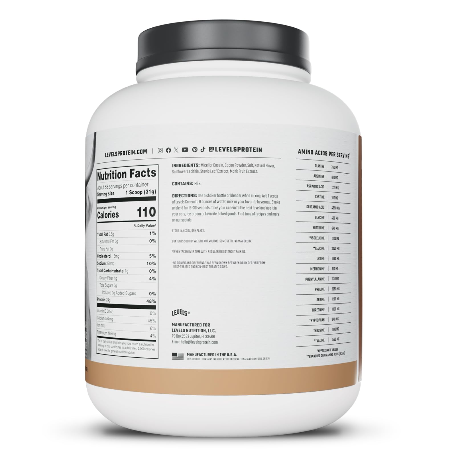 Levels casein bottle emphasizing no added sugars or artificial ingredients.