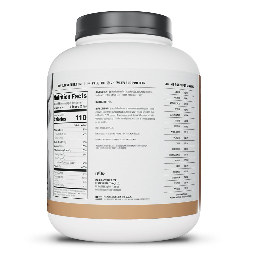 Levels casein bottle emphasizing no added sugars or artificial ingredients.