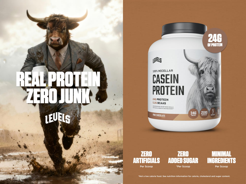 Levels chocolate casein scoop with labeled tub highlighting clean formula.