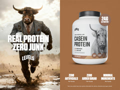 Levels chocolate casein scoop with labeled tub highlighting clean formula.