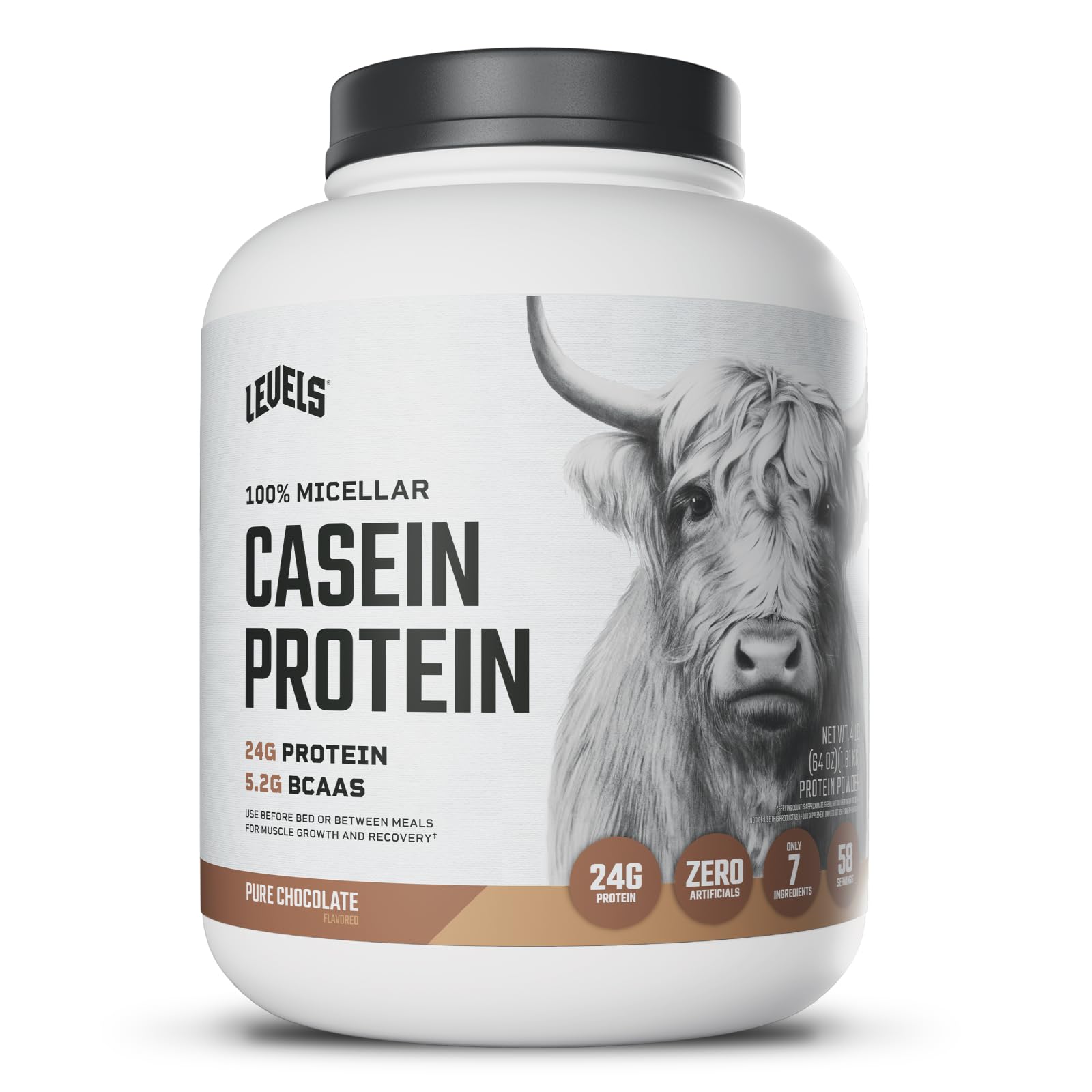 Levels Nutrition chocolate micellar casein bottle pour for smooth protein delivery.