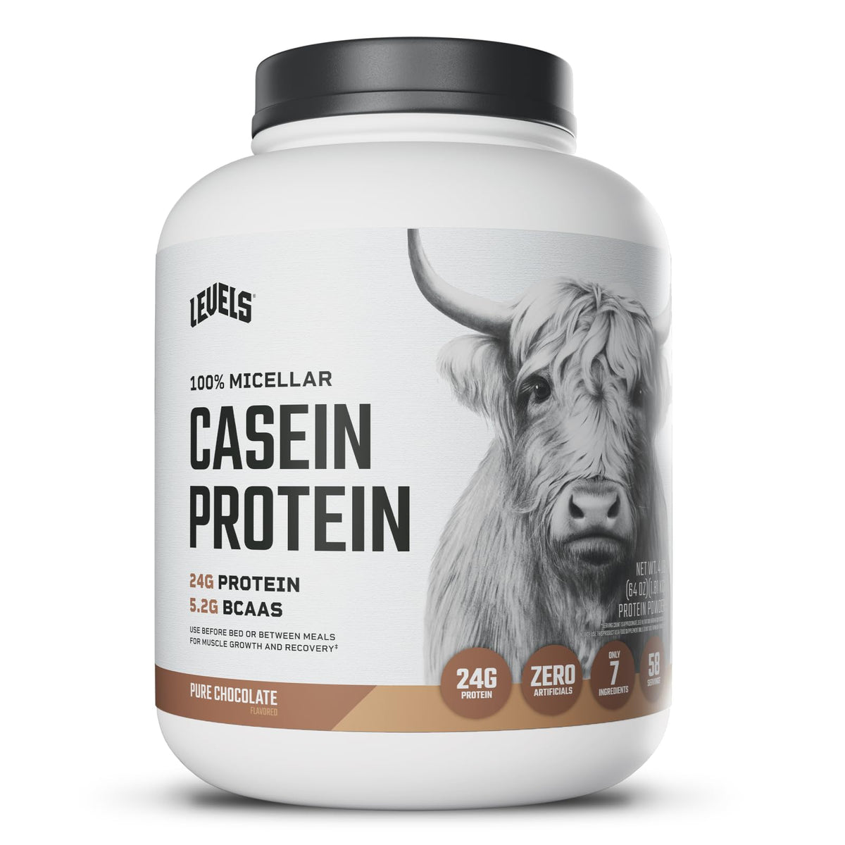 Levels Nutrition chocolate micellar casein bottle pour for smooth protein delivery.