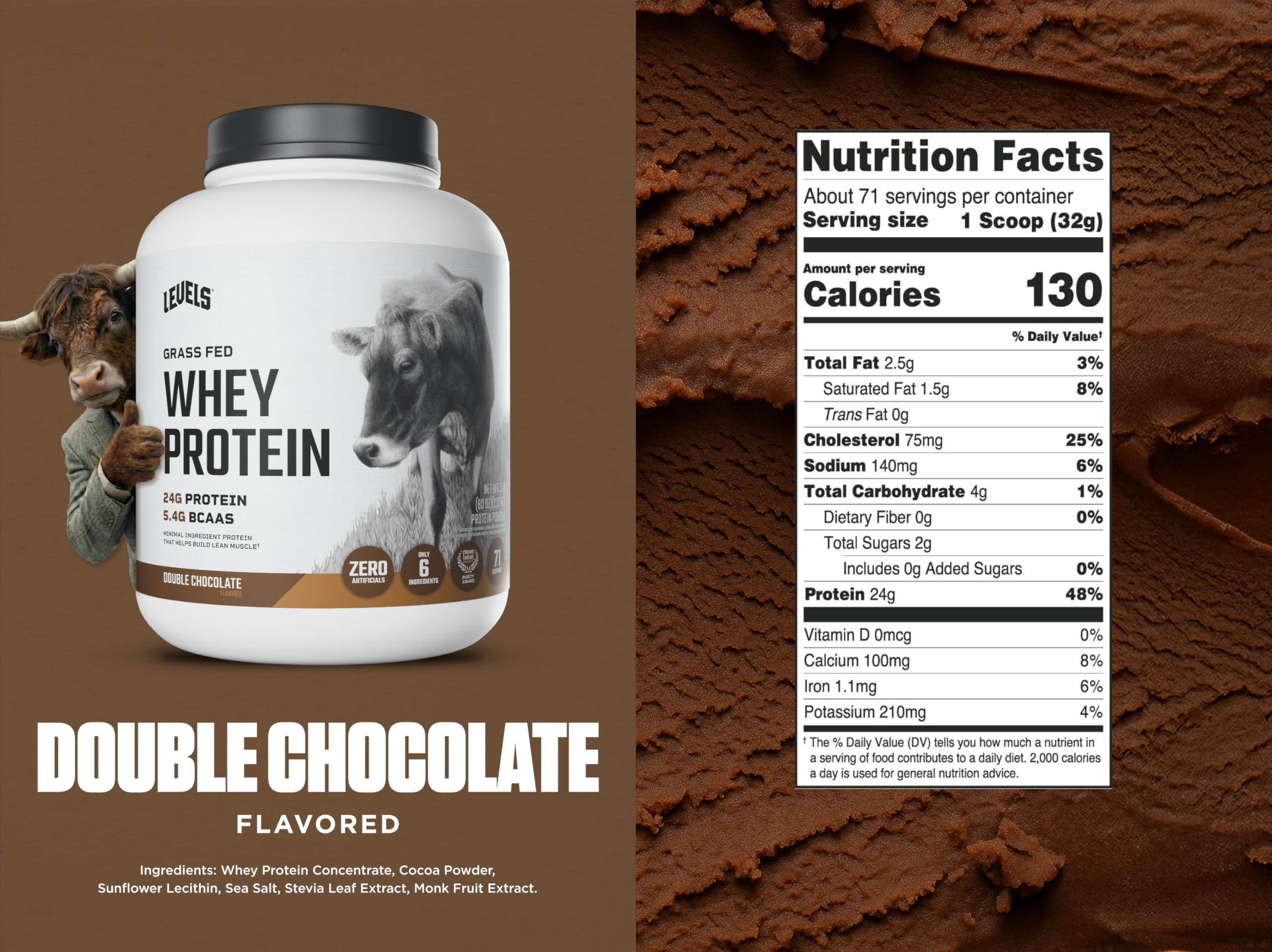 Levels Grass-fed whey scoop highlights 24g protein per serving