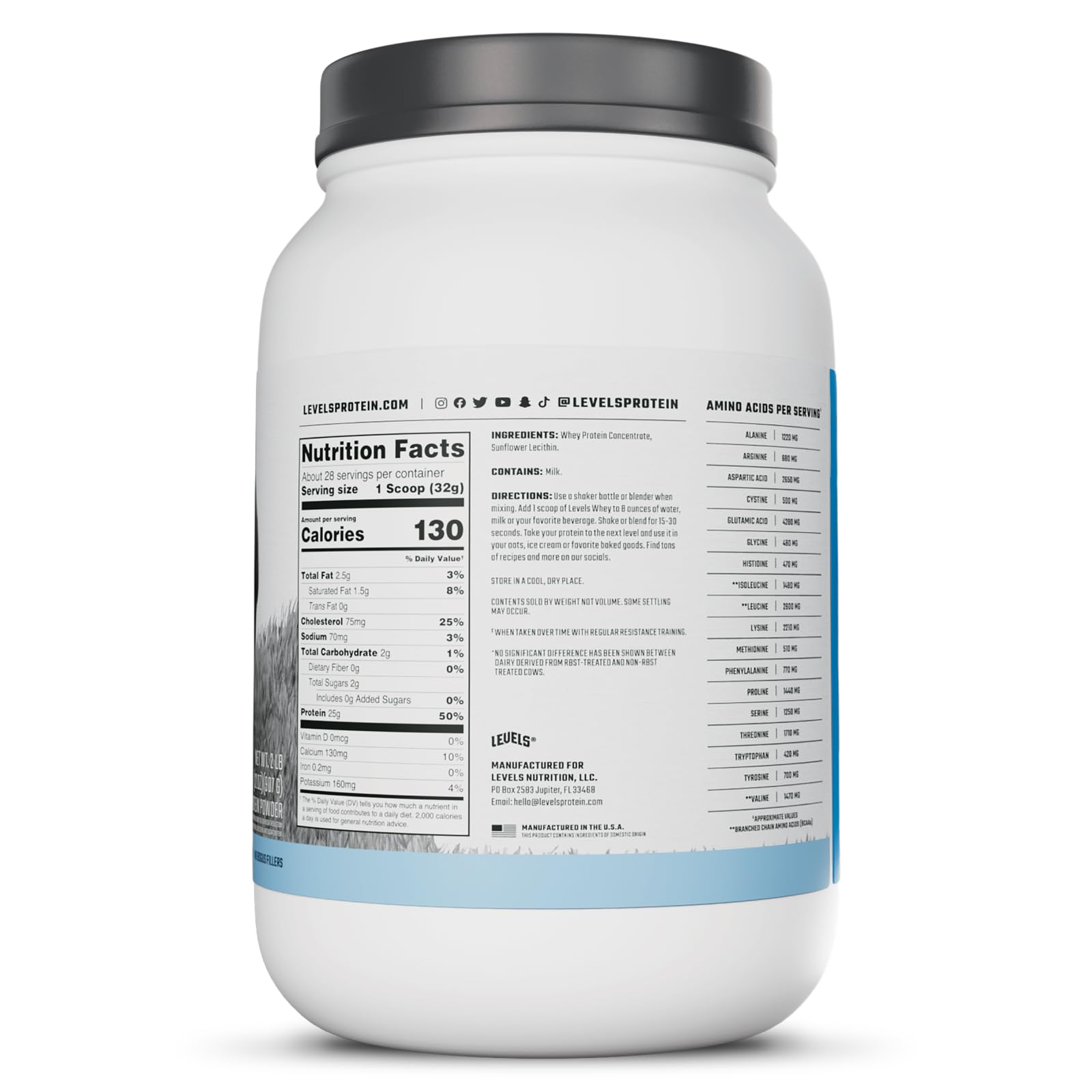 Levels Grass Fed Whey 25 g scoop nutrition highlights high protein.