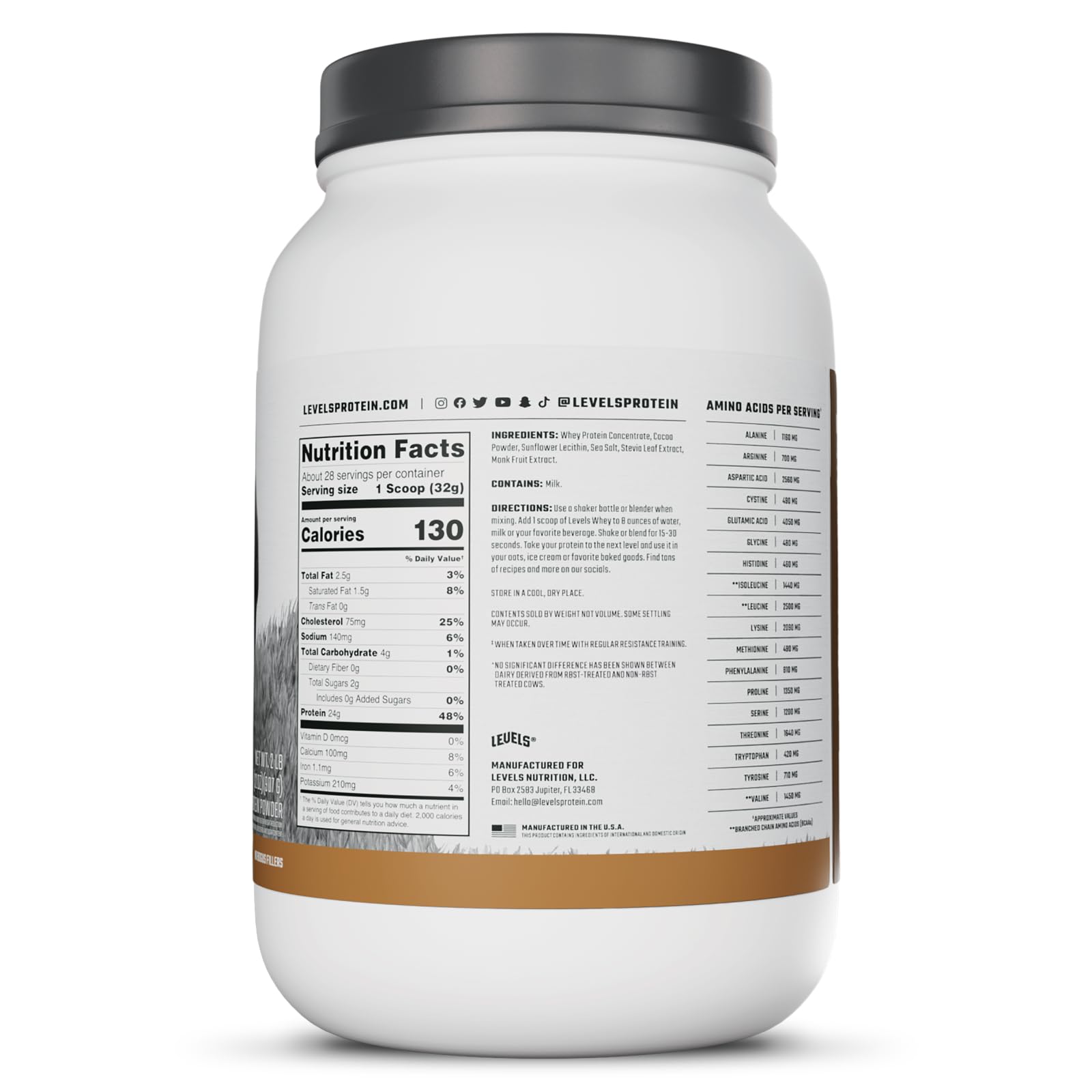 Levels Grass Fed Whey bottle closeup with seal and label details.
