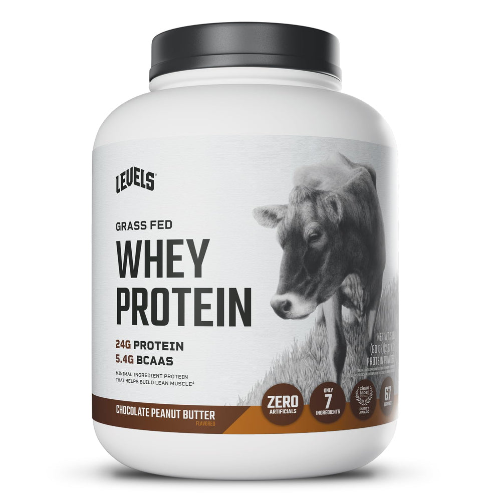 Levels Grass Fed Whey powder bag highlights premium protein for daily workouts.
