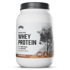 Levels Grass Fed Whey Powder chocolate container shows clean ingredients for daily protein.