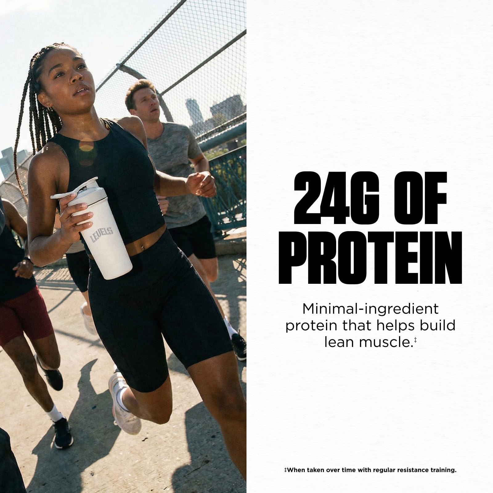 Levels Grass Fed Whey powder closeup showing Double Chocolate mix and premium ingredients.