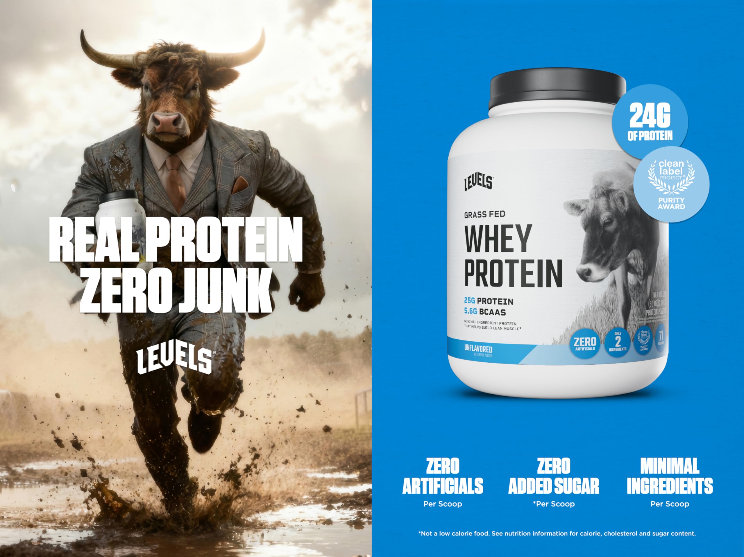 Levels Grass Fed Whey scoop showing 25g protein per serving.