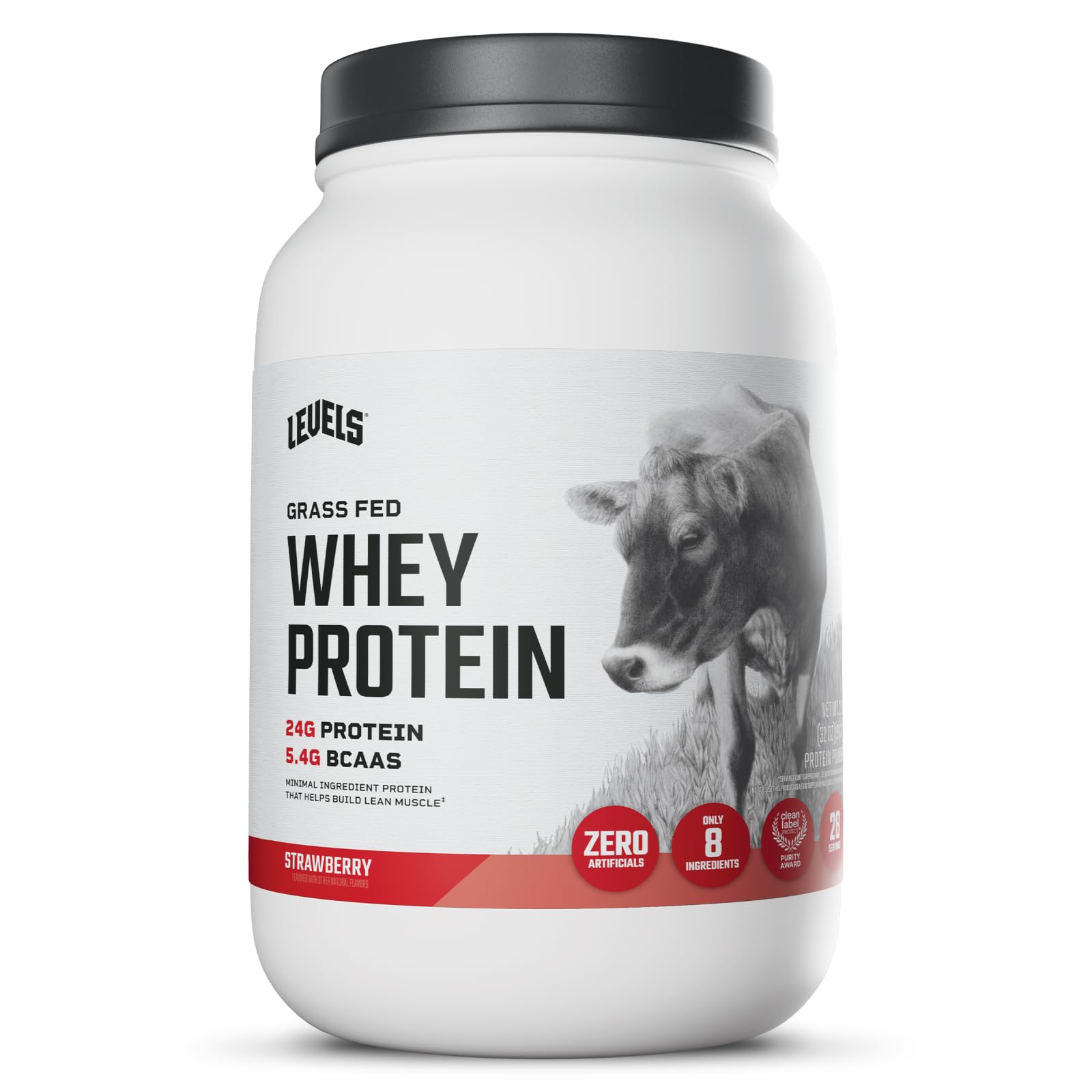 Levels Nutrition grass-fed whey front label highlights 24g protein per serving