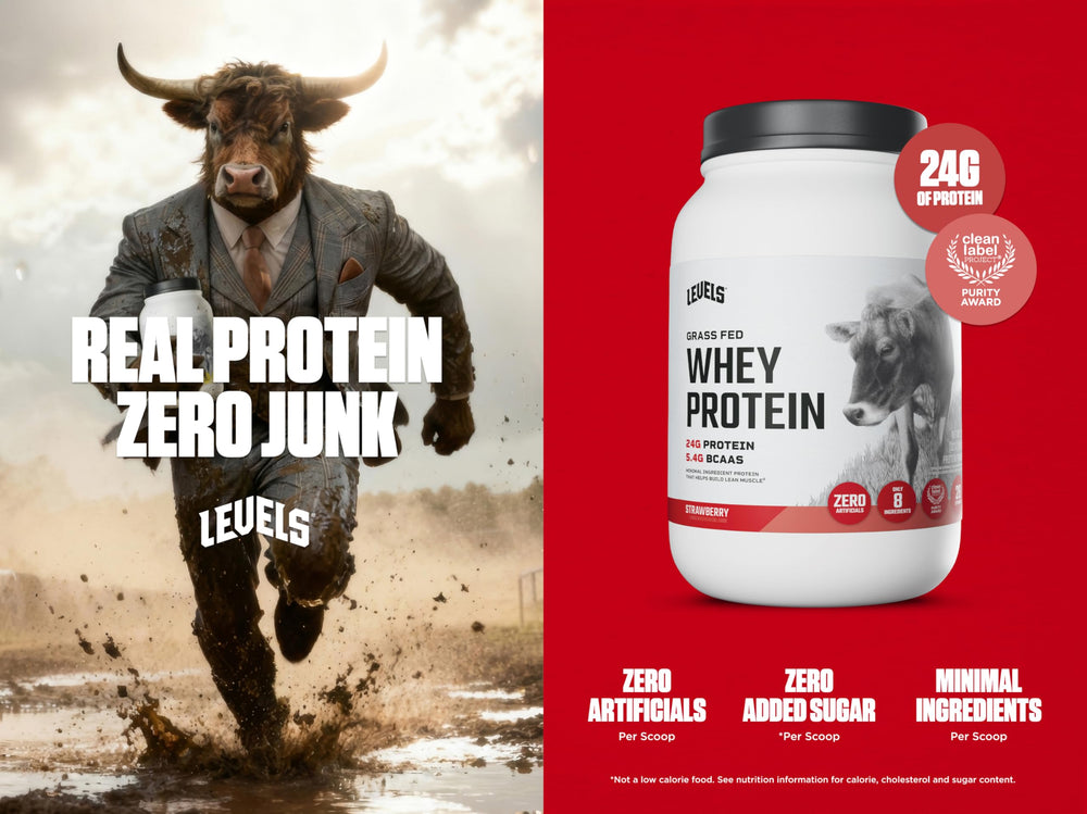 Levels Nutrition whey scoop on label demonstrates easy measuring for daily protein