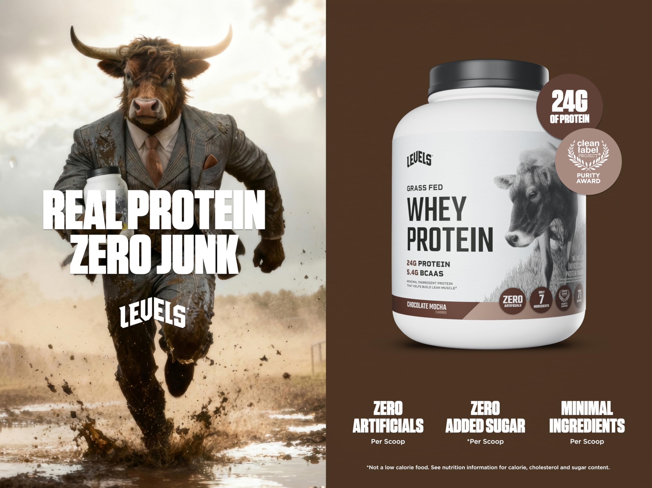 Closeup of Levels label on Chocolate Mocha whey showing no artificial flavors or sugars.