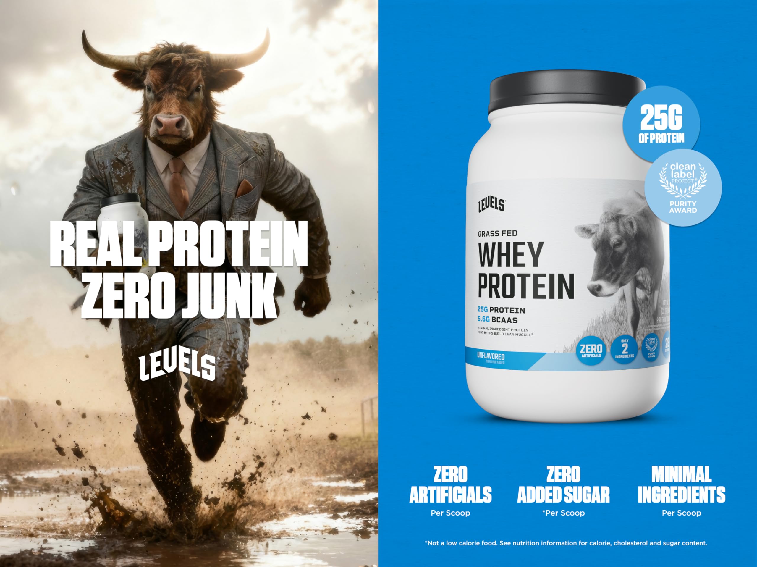 Levels Grass Fed Whey unflavored label showing protein per serving.