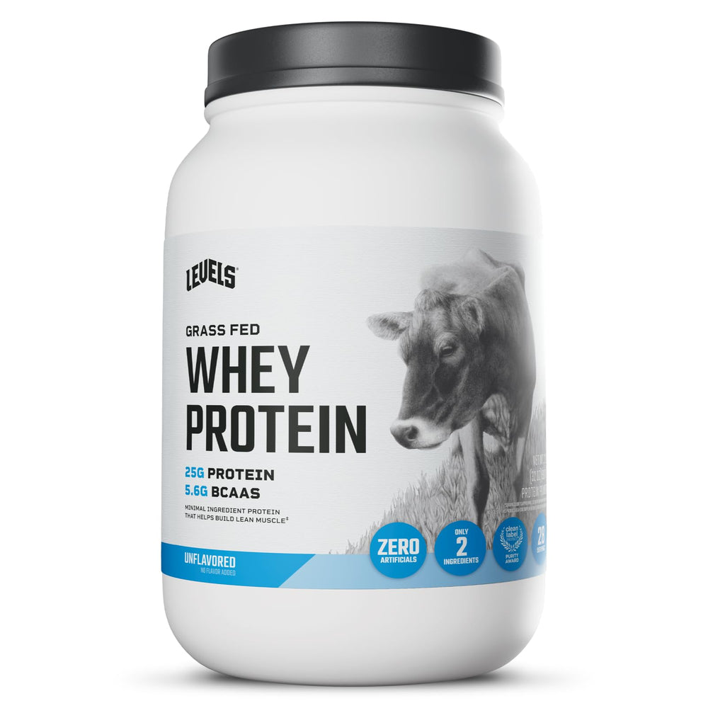 Levels Grass Fed Whey unflavored tub displaying clean grass-fed dairy protein.