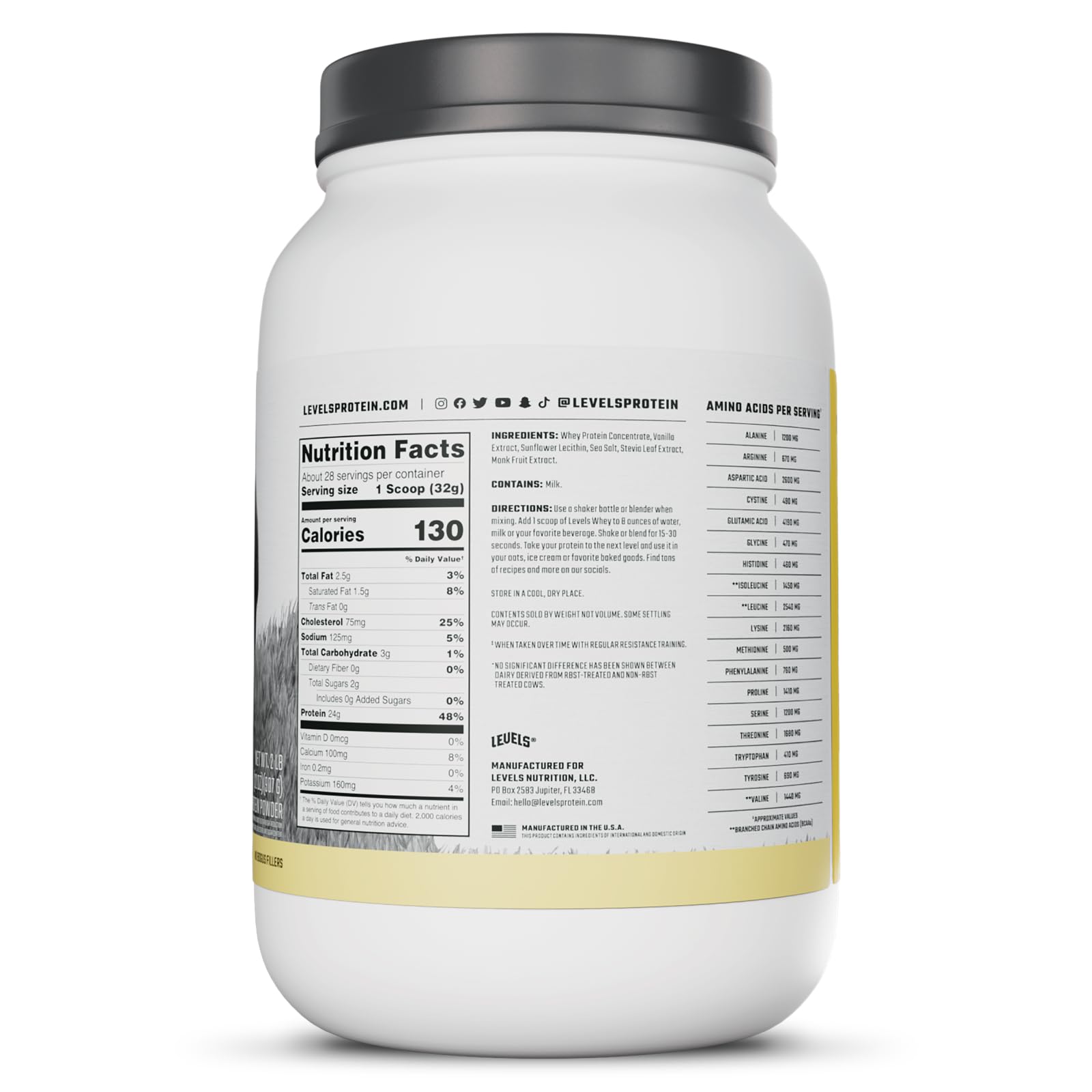 Kitchen counter scene with Levels Whey Vanilla Bean ready for smoothie prep.