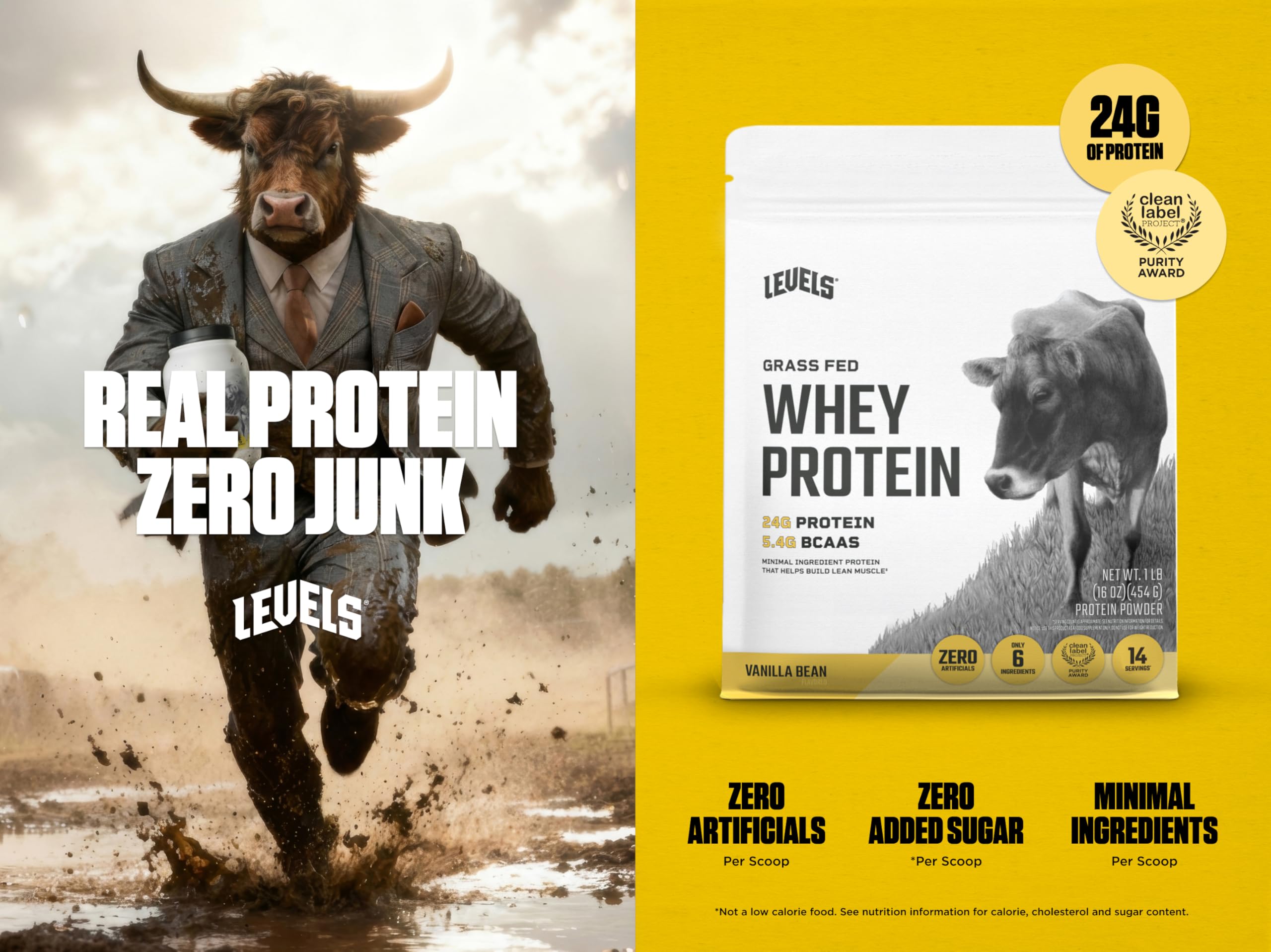 Levels Grass Fed Whey Vanilla Scoop showing 24g protein per serving.