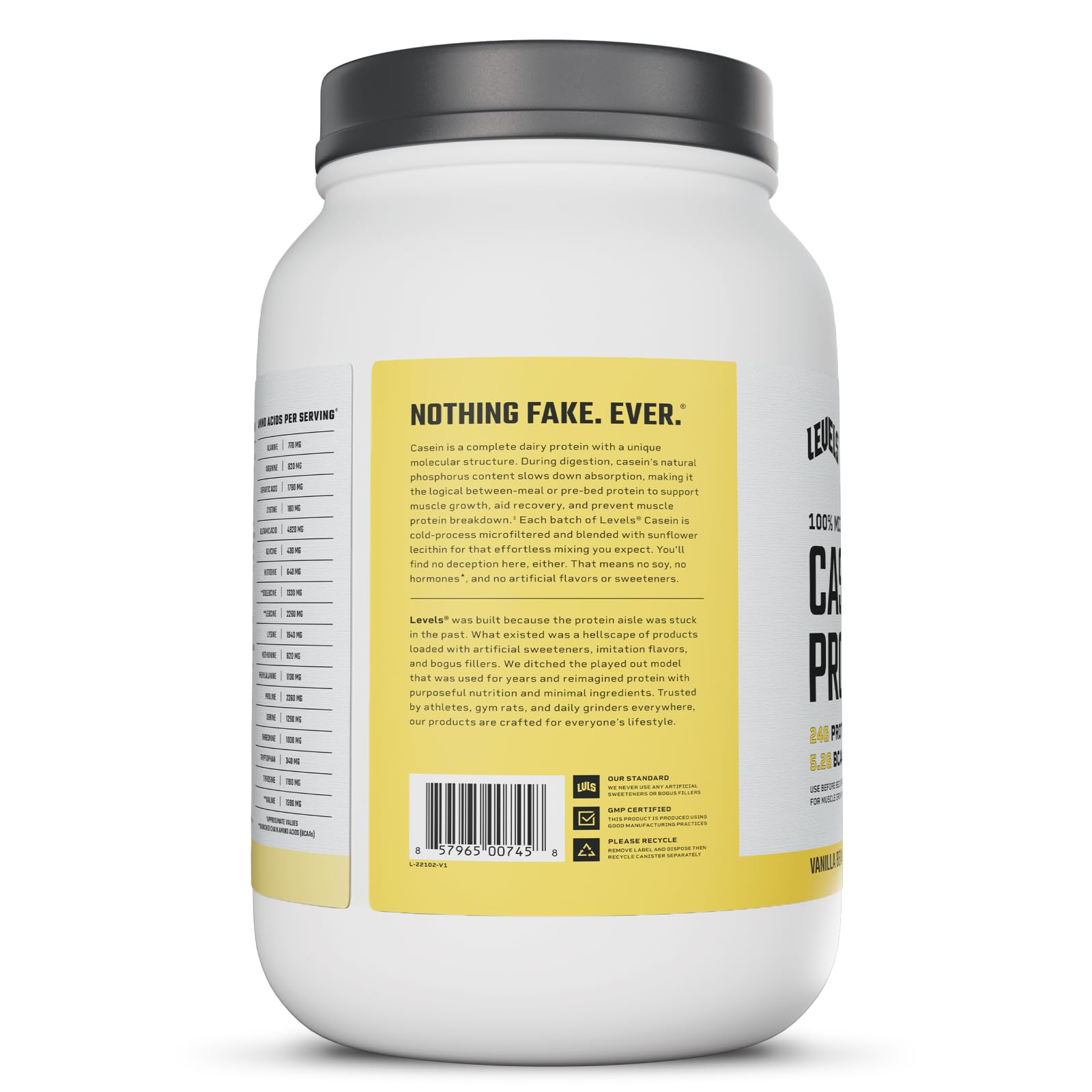 Levels Nutrition athlete-friendly vanilla bean casein supports steady protein intake.