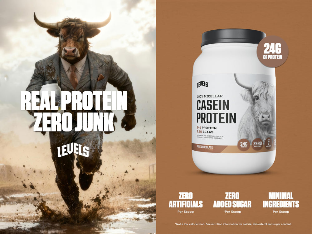 Levels Nutrition chocolate casein scoop shows convenient serving for post-workout fueling