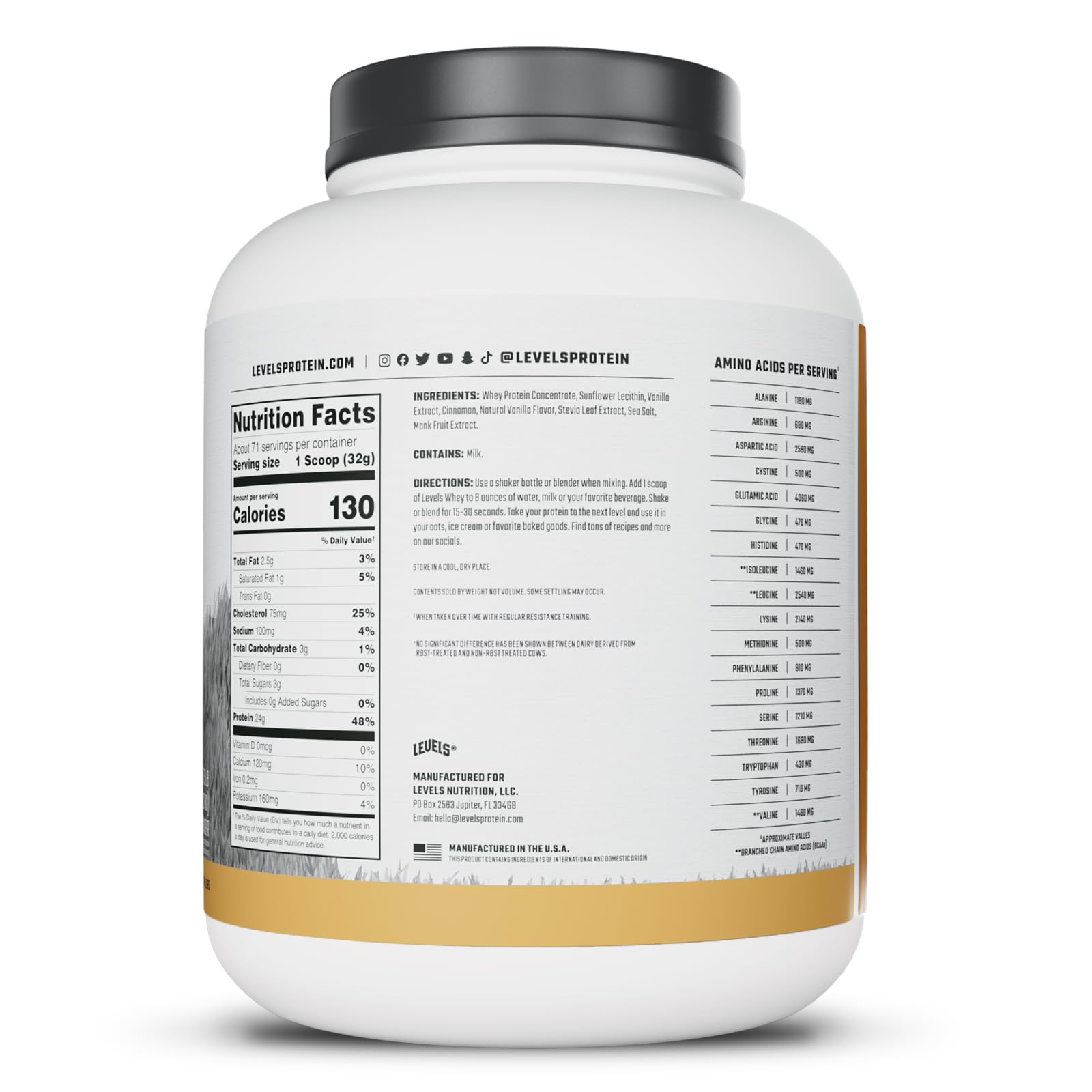 Levels Nutrition cold-process microfiltration badge on whey label