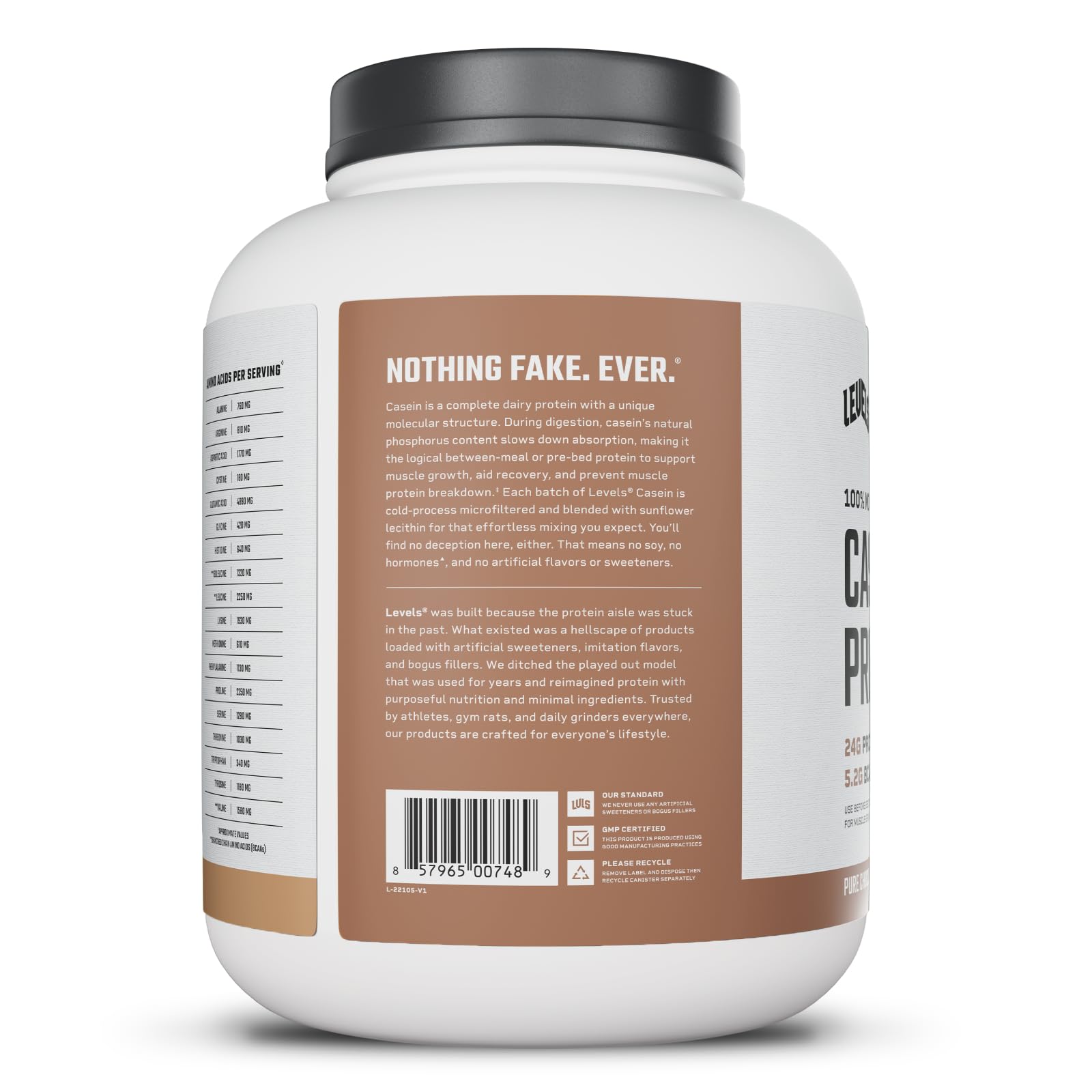 Levels chocolate casein blended with non-GMO sunflower lecithin for smooth mixing.