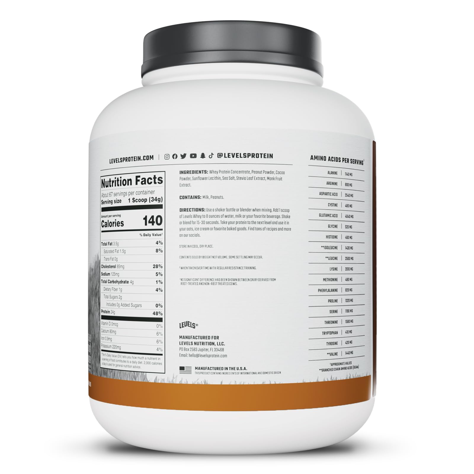 Levels whey shown in athletic kitchen setup for active daily routines.