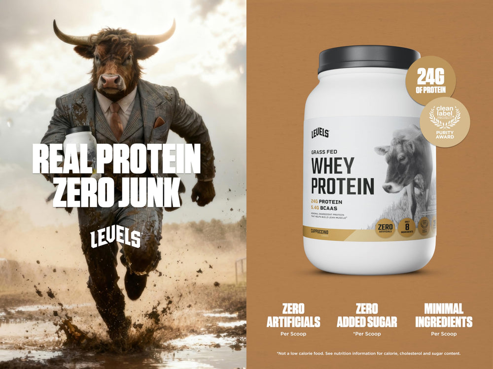 Levels whey protein cappuccino scoop pouring into a shaker for quick mixing