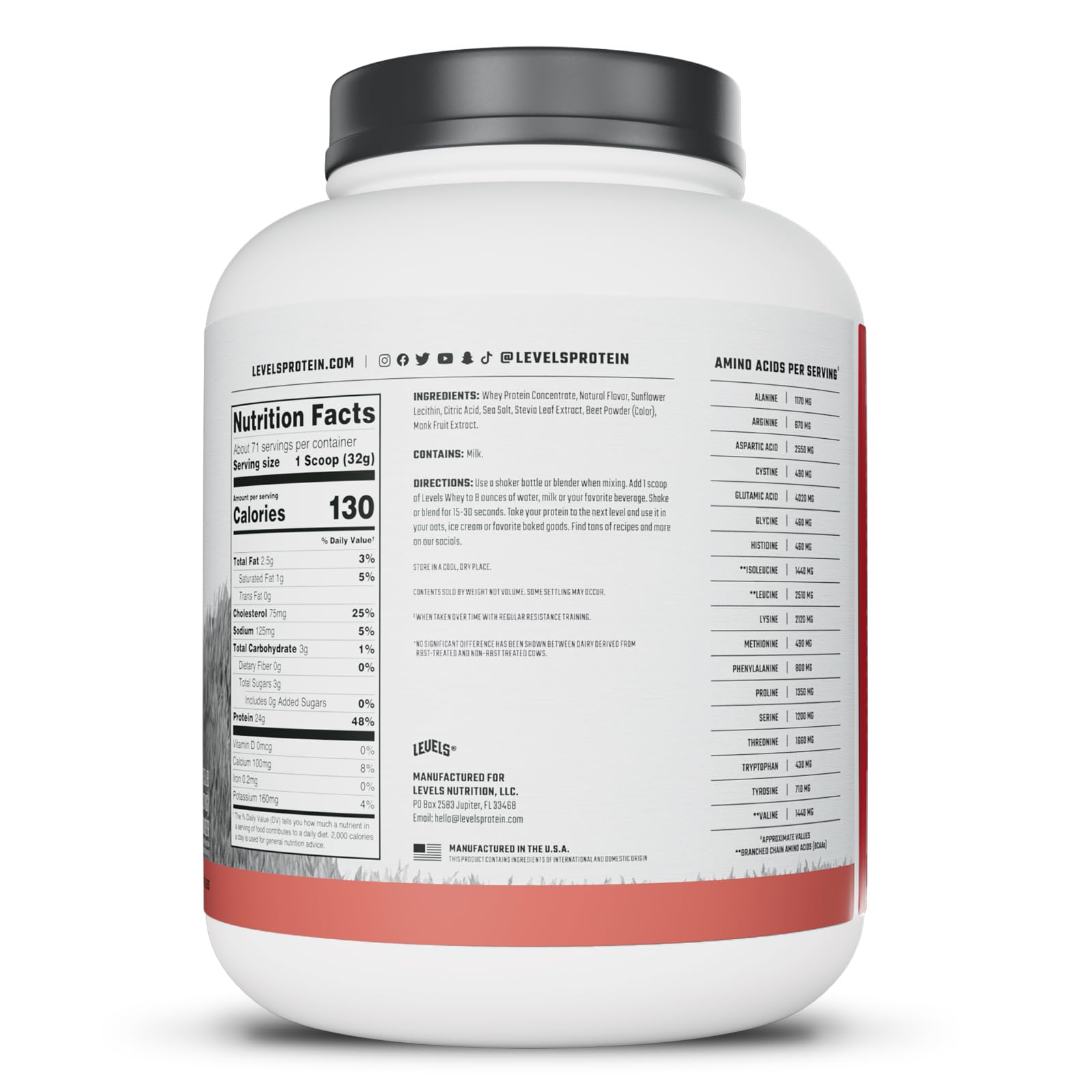 Levels Grass Fed Whey bottle on USA made label signals quality