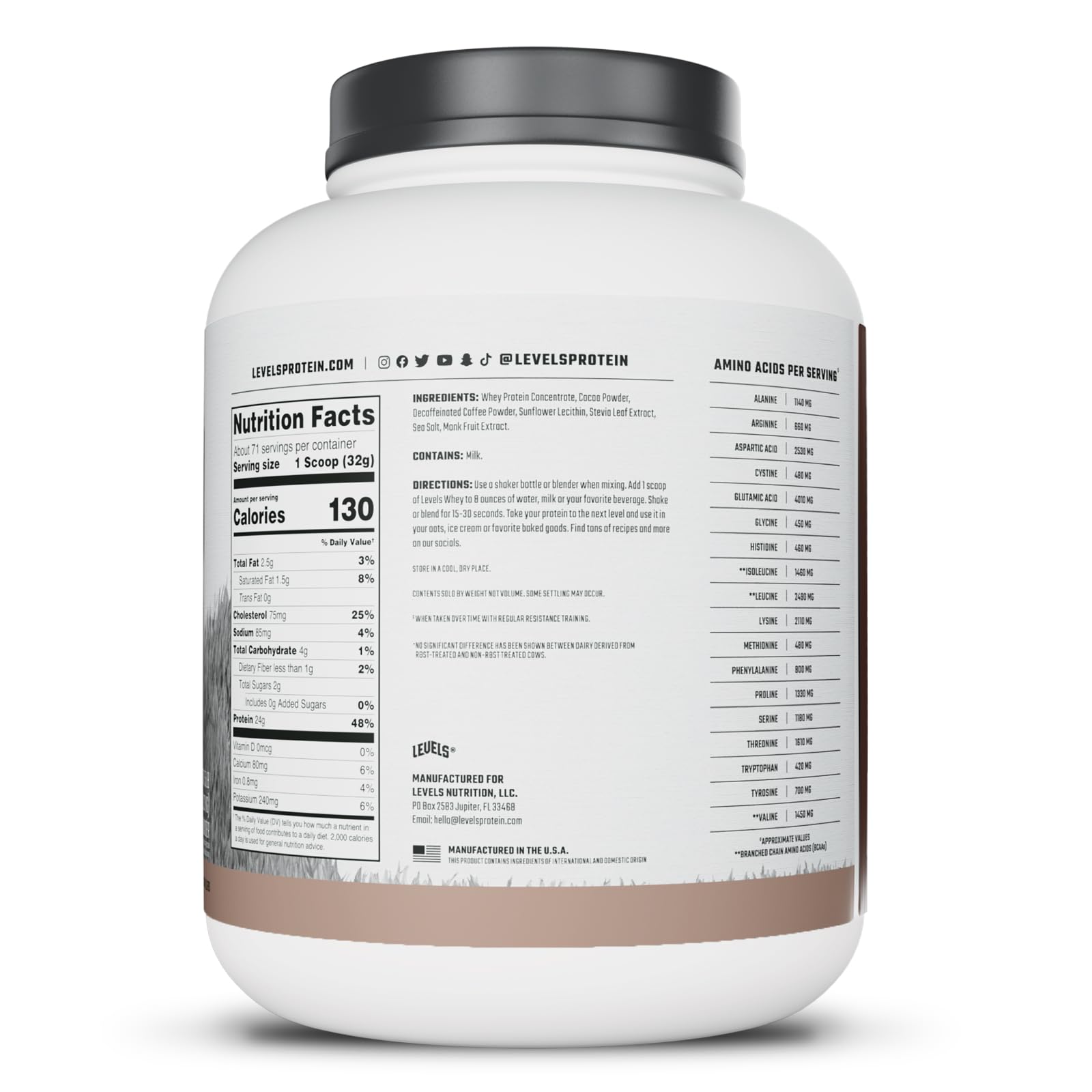 Grass-fed dairy sourcing helps Levels Whey deliver high-quality protein with clean taste.