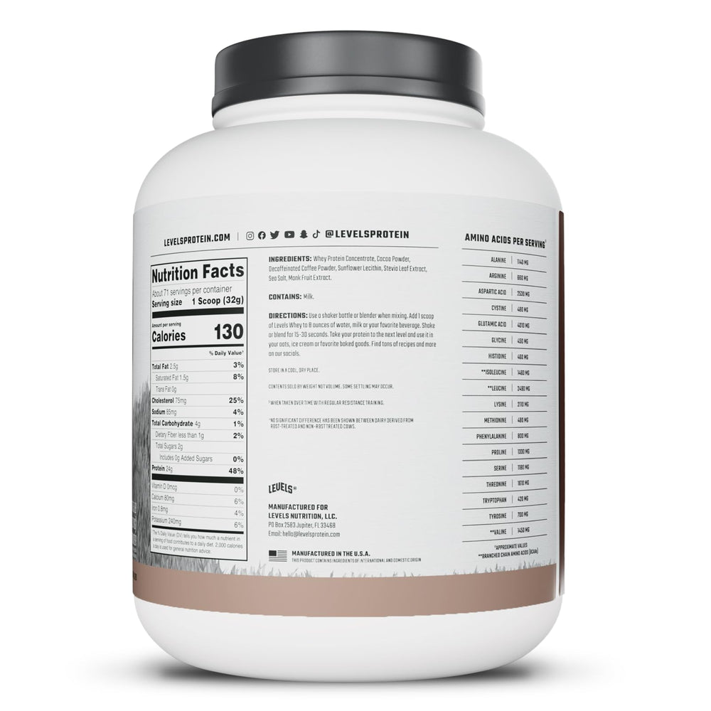Grass-fed dairy sourcing helps Levels Whey deliver high-quality protein with clean taste.