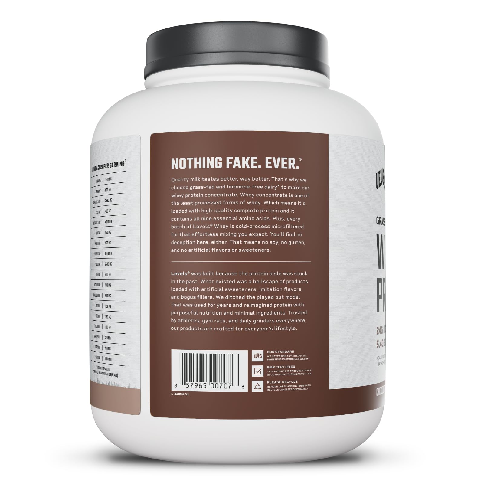 Made in the USA, Levels whey is cold-process microfiltered for purity and easy mixing.