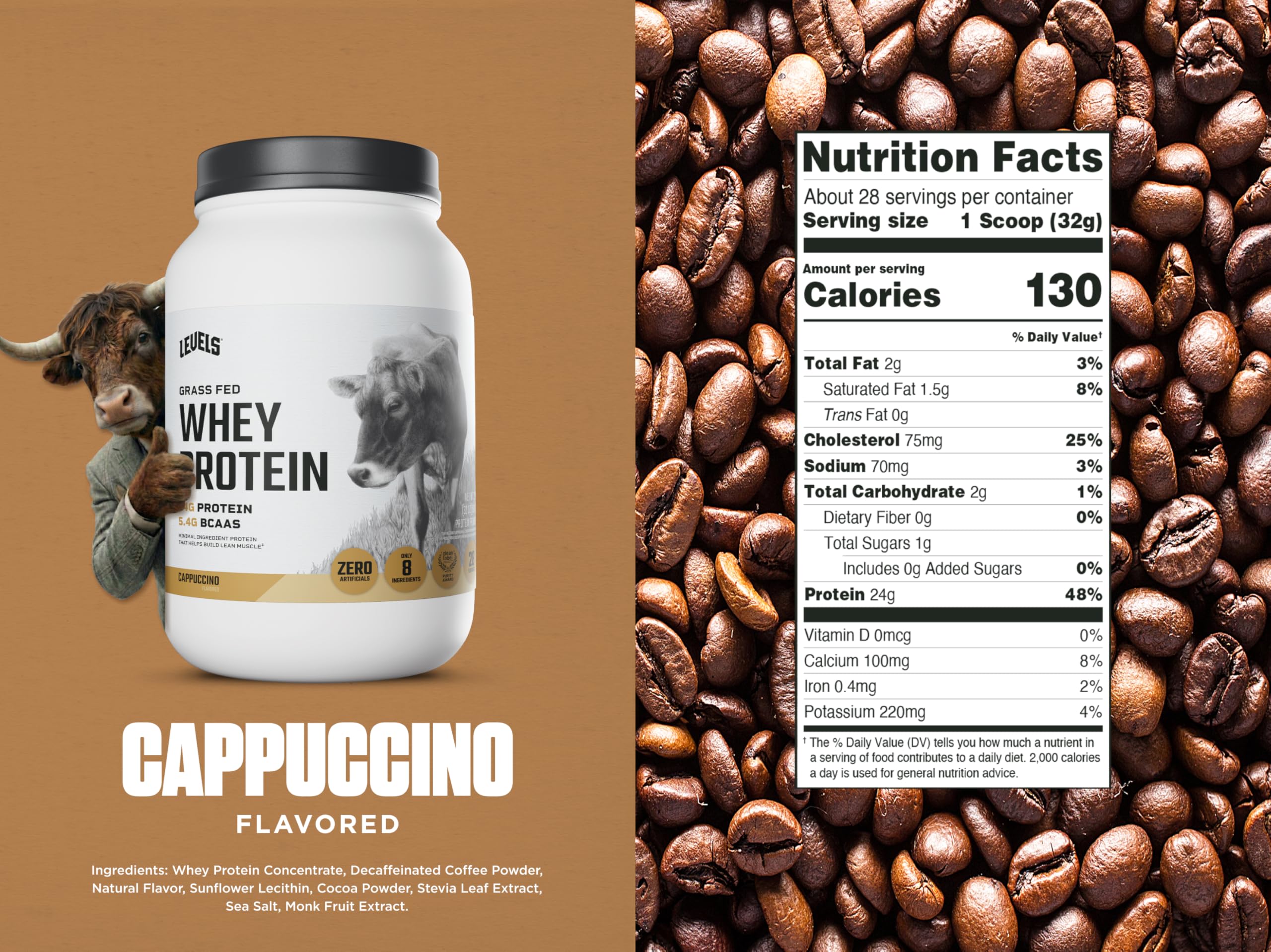 Glass of frothy cappuccino whey shake by Levels for a tasty morning boost