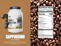 Glass of frothy cappuccino whey shake by Levels for a tasty morning boost
