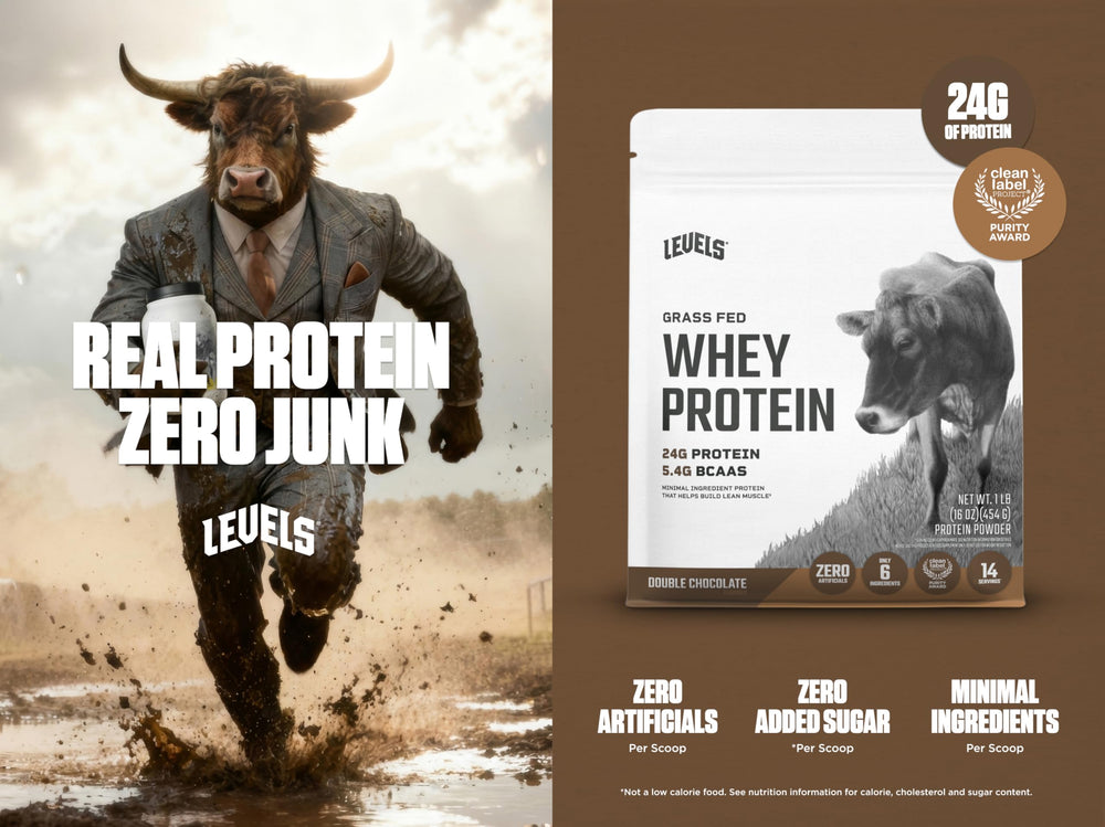 Levels Whey Protein 24g scoop highlights protein-rich serving for workouts.