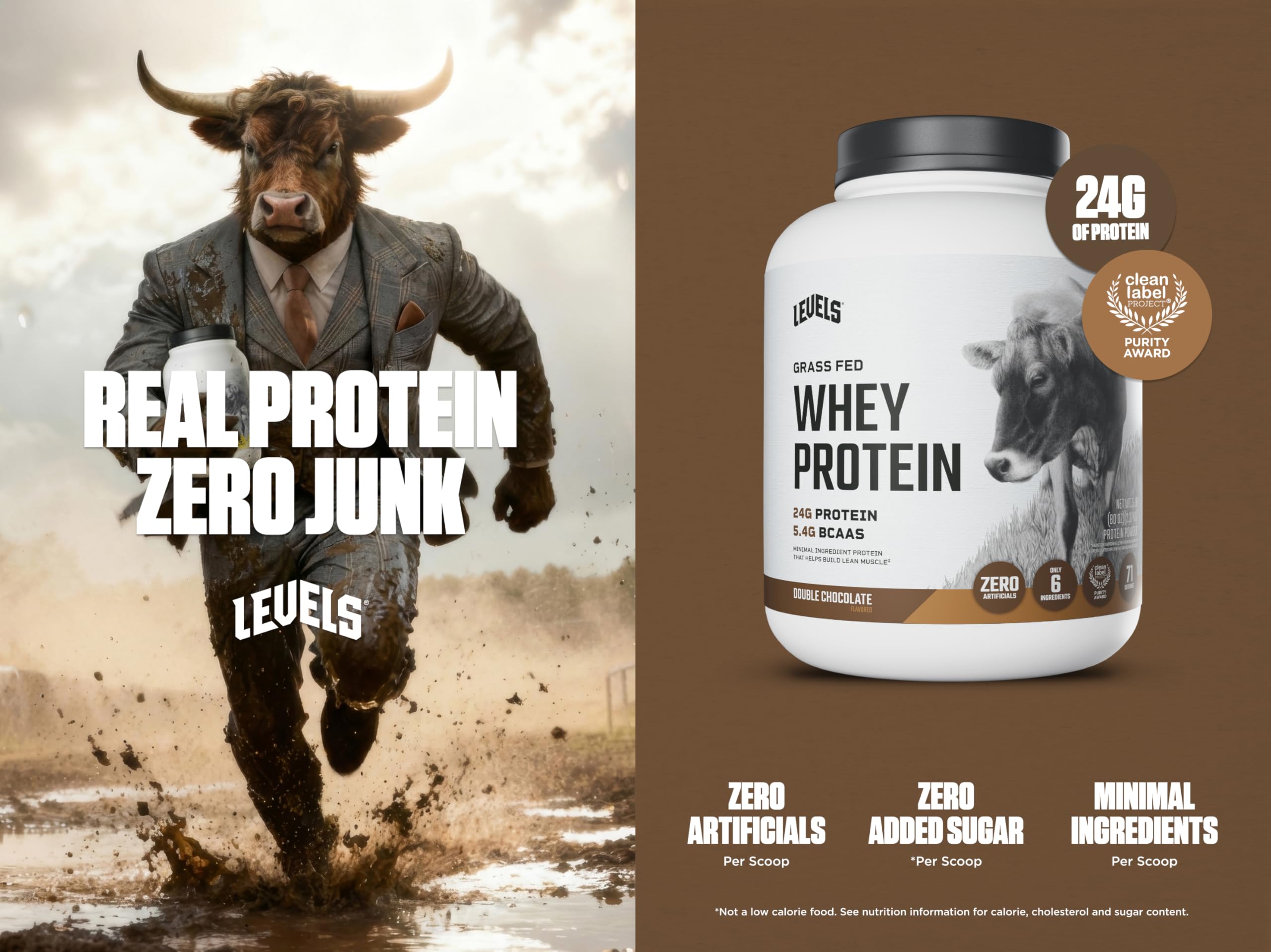 Levels Double Chocolate whey powder jar shows rich flavor and clean ingredients