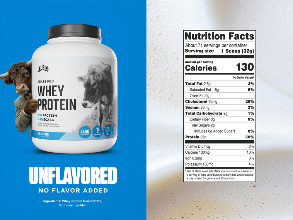 Levels Whey Protein Unflavored powder close-up texture.