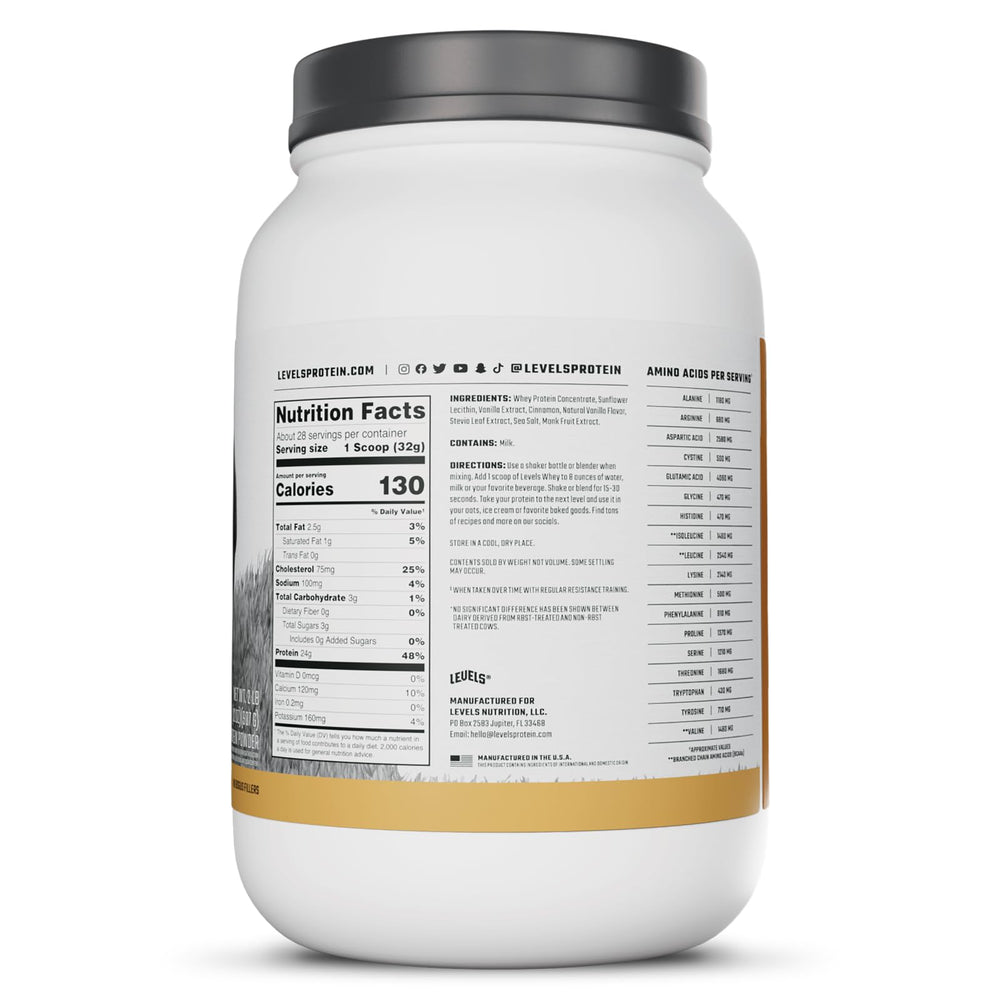 Levels Whey Protein Vanilla Cinnamon pour into glass suggests quick post-workout fueling