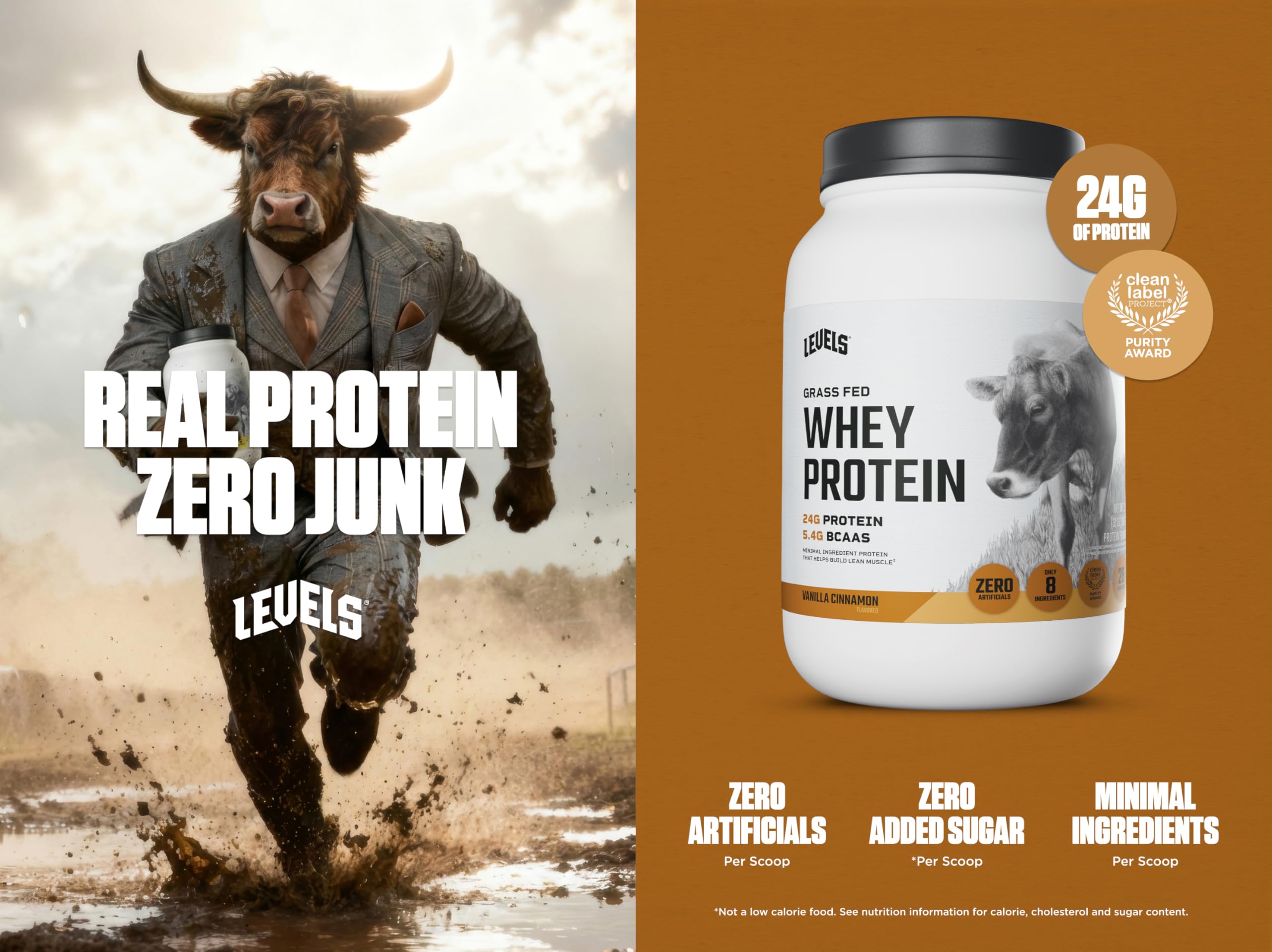 Levels Whey Protein Vanilla Cinnamon scoop shows 24g protein per serving