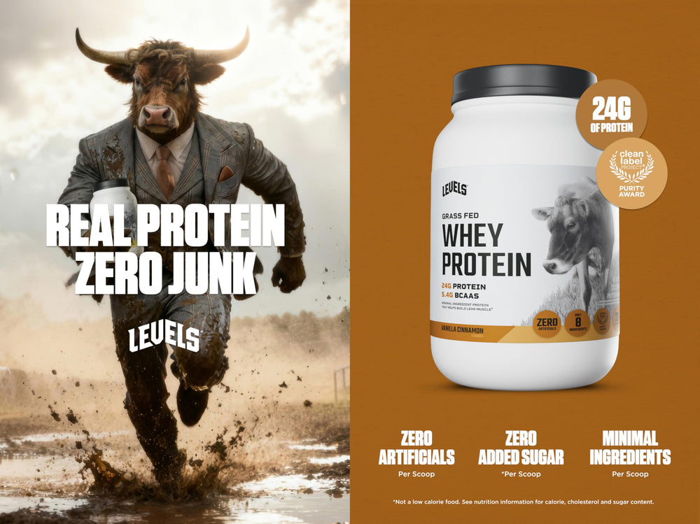 Levels Whey Protein Vanilla Cinnamon scoop shows 24g protein per serving