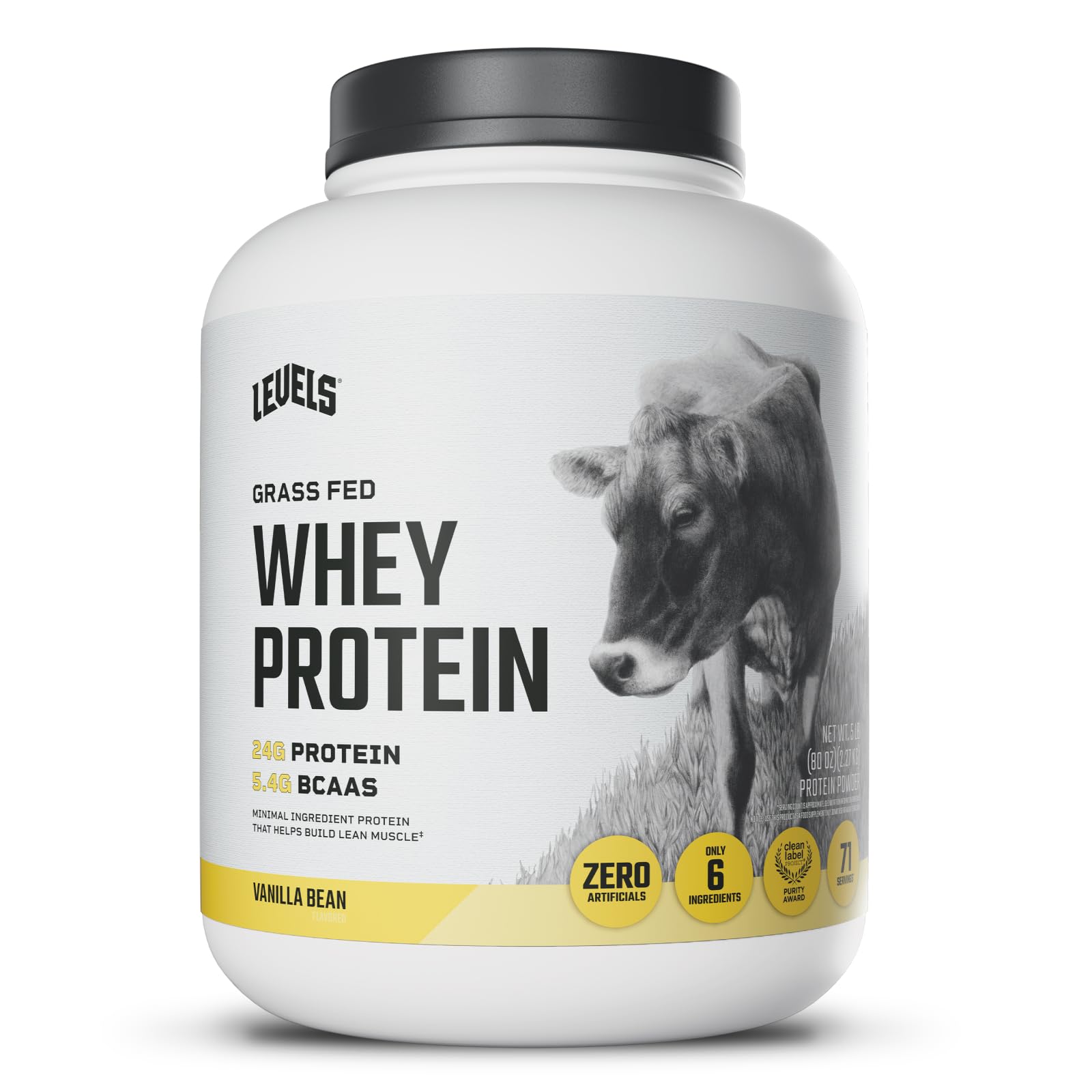 Levels Whey Vanilla Bean 5lb tub front view, premium protein option for daily shakes.