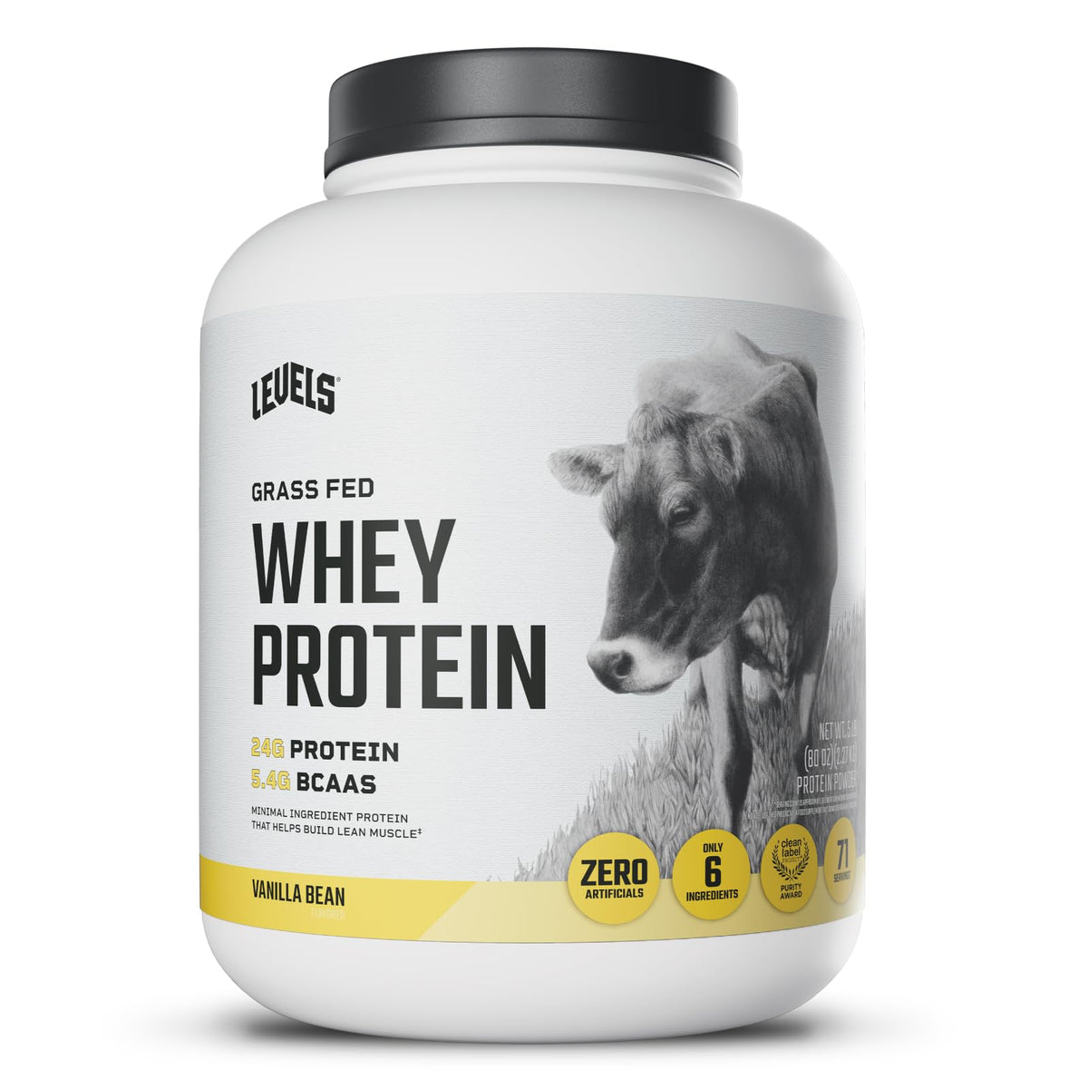 Levels Whey Vanilla Bean 5lb tub front view, premium protein option for daily shakes.