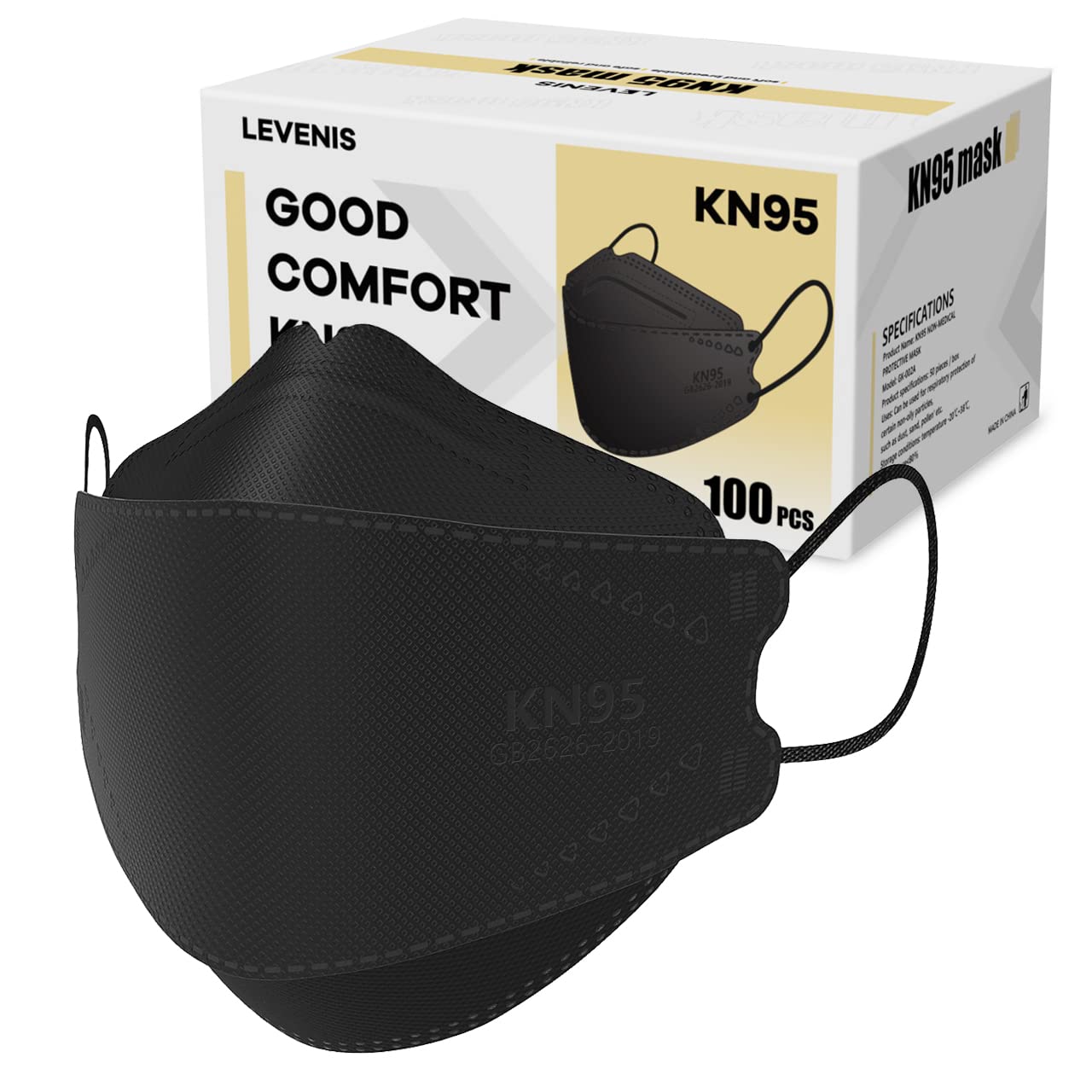 LEVENIS KN95 mask pack front view showing bulk supply for daily protection.