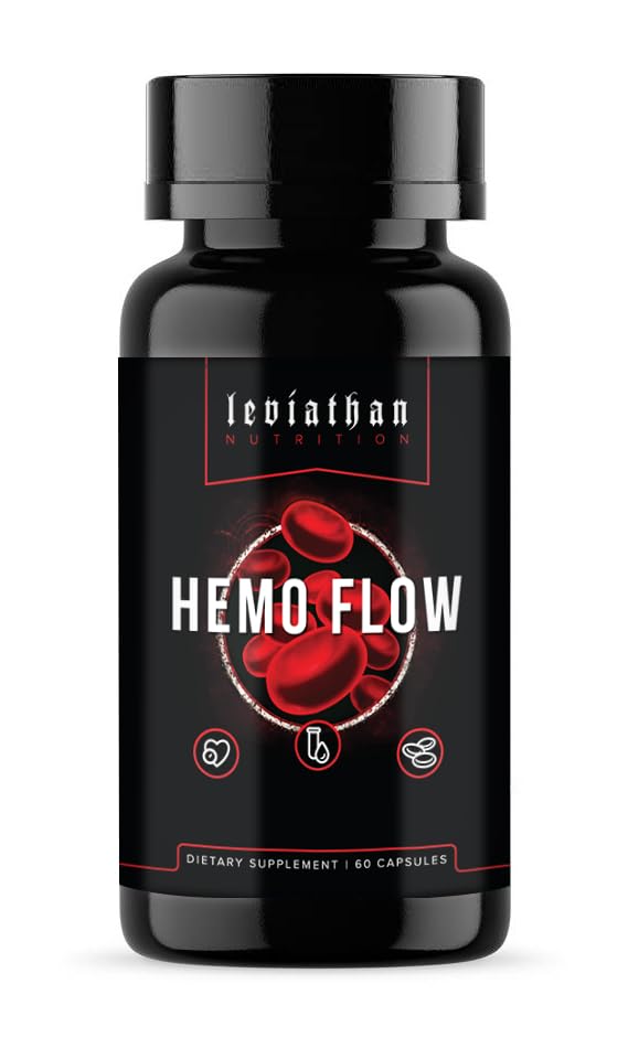 Leviathan Nutrition Hemo Flow bottle and caps, vegan capsules for daily nitric oxide support.