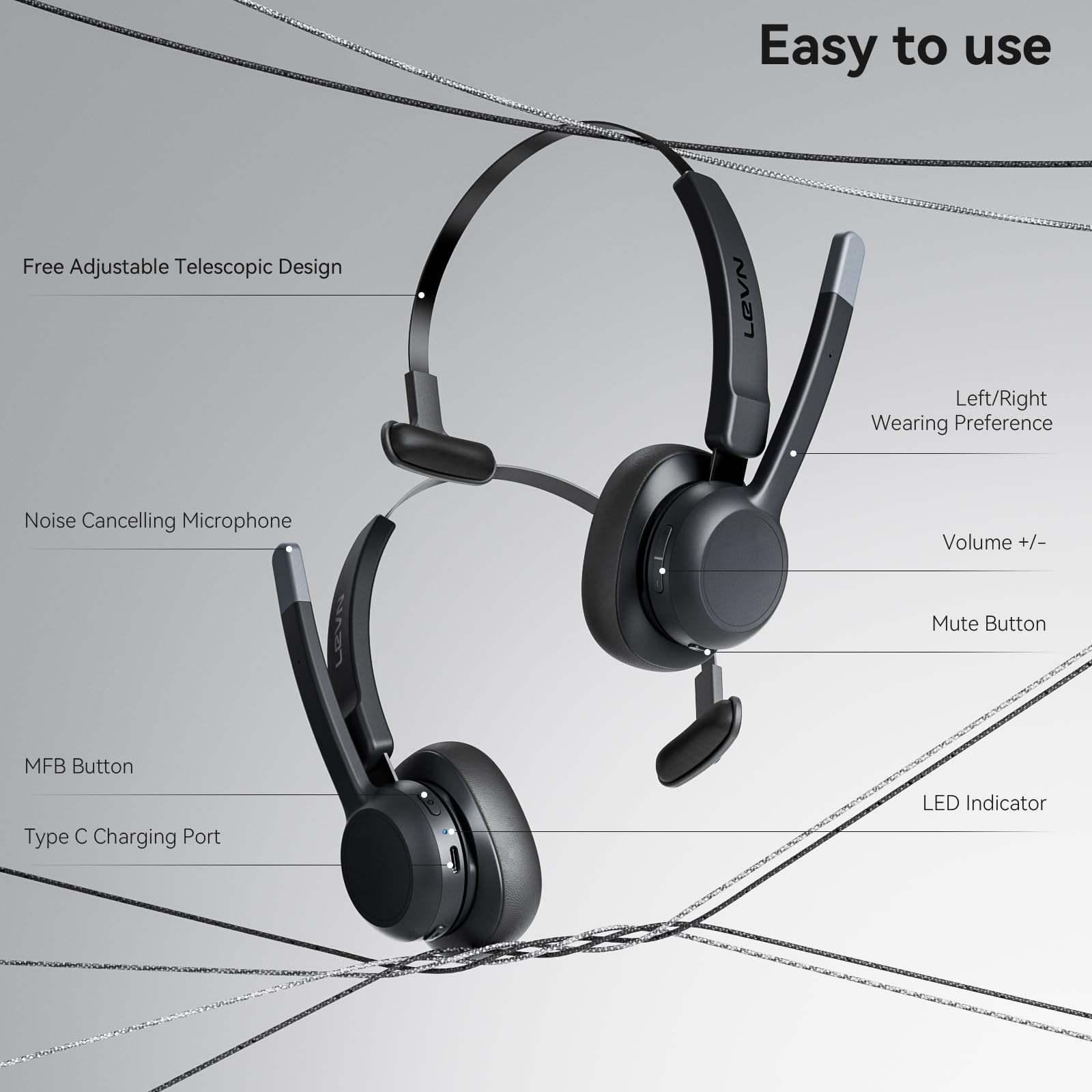 LEVN Trucker Headset lightweight 85 g design for all-day comfort.
