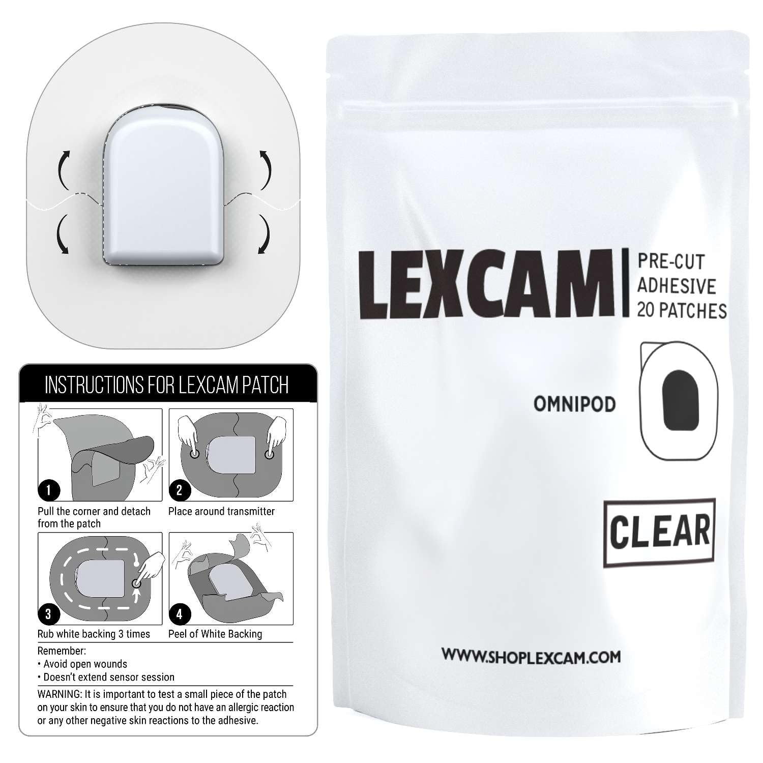 Lexcam skin friendly latex free adhesive patch protects sensitive skin while wearing.