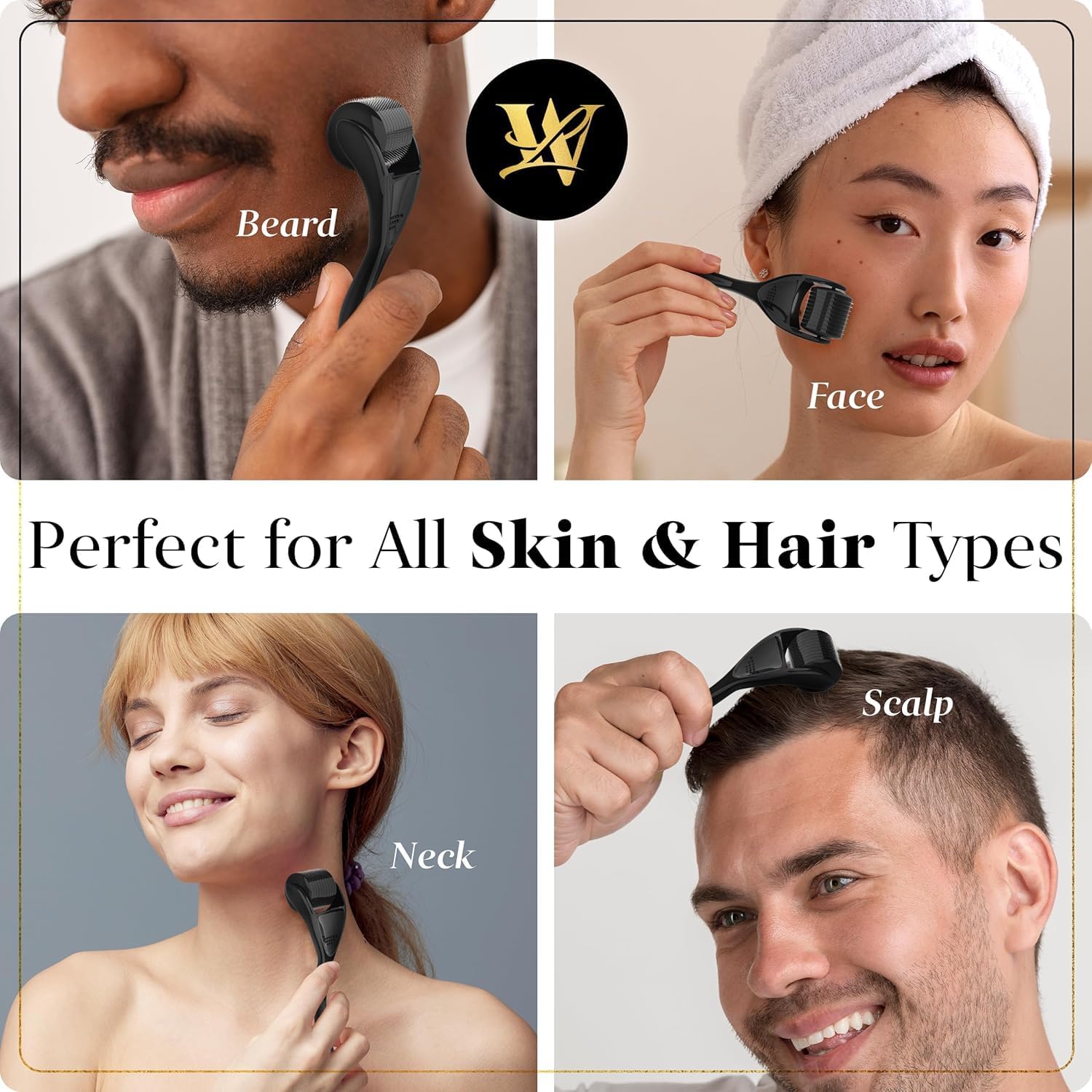 Lexi White Beauty derma roller on beard for grooming routine