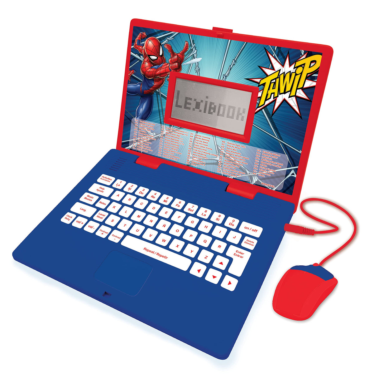LEXiBOOK Spider-Man educational laptop front view for bilingual learning and activities.